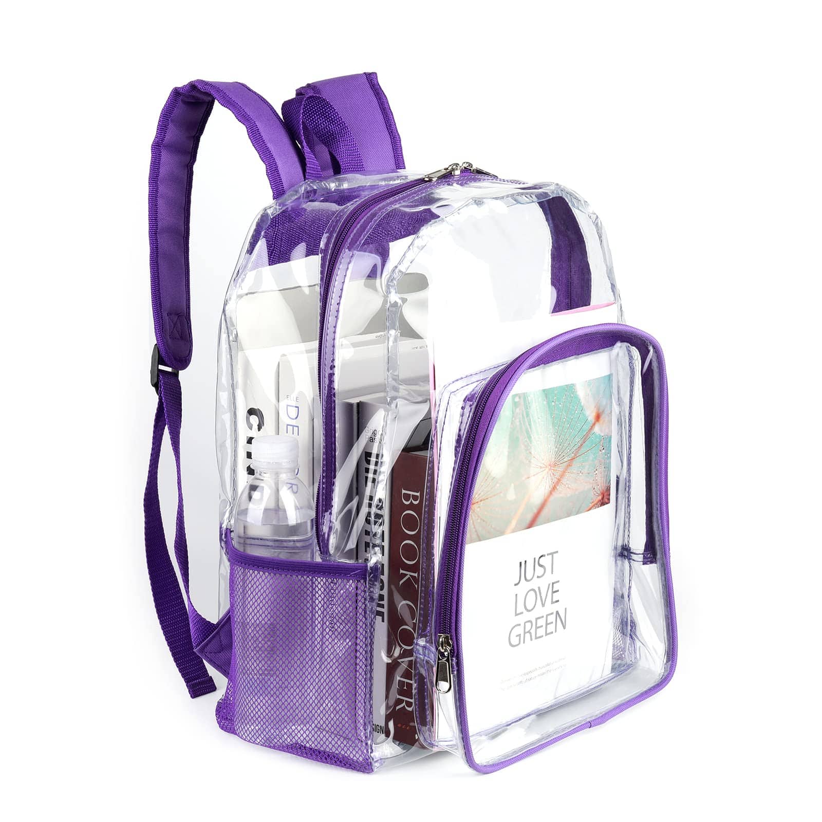 Stamp n Camp - Clear Backpack - Backpacks For School Transparent Bookbag Large See Through Bag Work College Concert Black 16 Inch - Purple