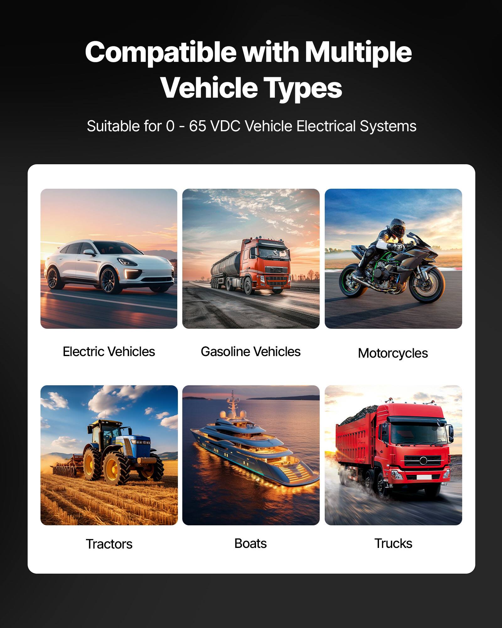 Compatible with Multiple Vehicle Types  
Suitable for 0 - 65 VDC Vehicle Electrical Systems  
Electric Vehicles  
Gasoline Vehicles  
Motorcycles  
Tractors  
Boats  
Trucks
