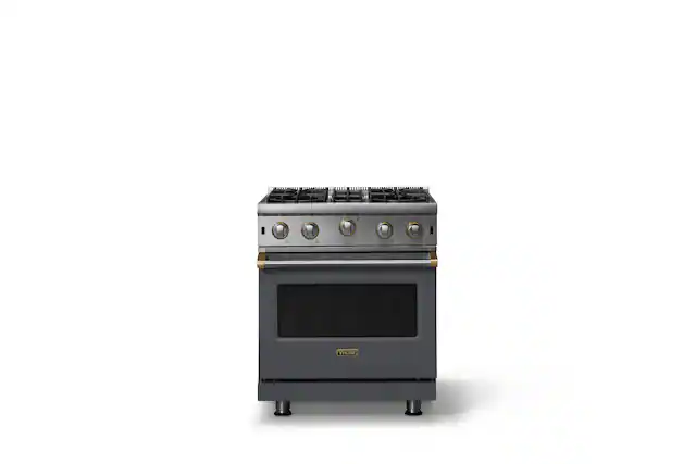 Front. Viking - 30"W. 4.0 Cu. Ft. Freestanding Self-Clean Open Burner Gas Convection Range - Cast Black w. Brushed Brass Trim - Cast Black.