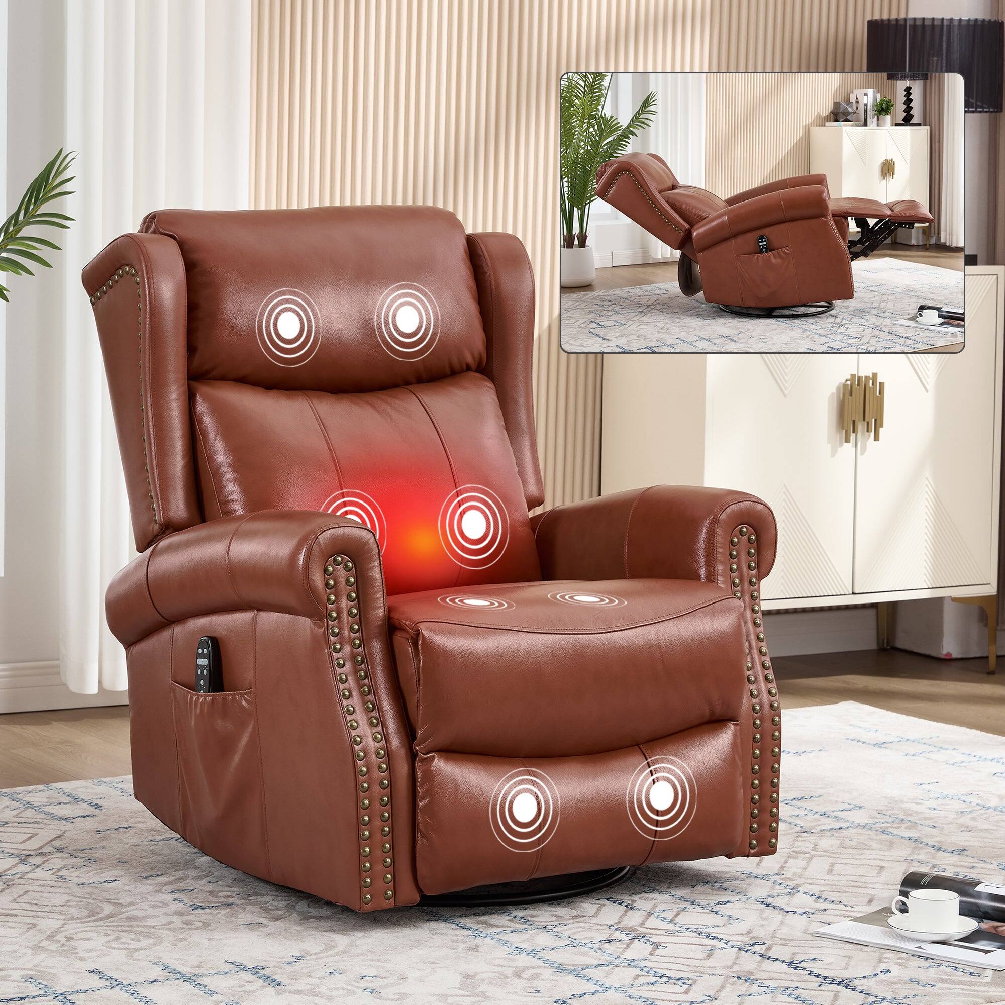 Alt View 1. Boyel Living - Light Red Genuine leather Heat Massage Manual Recliner Chair with Rocker and Swivel for Living Room - Light Red.