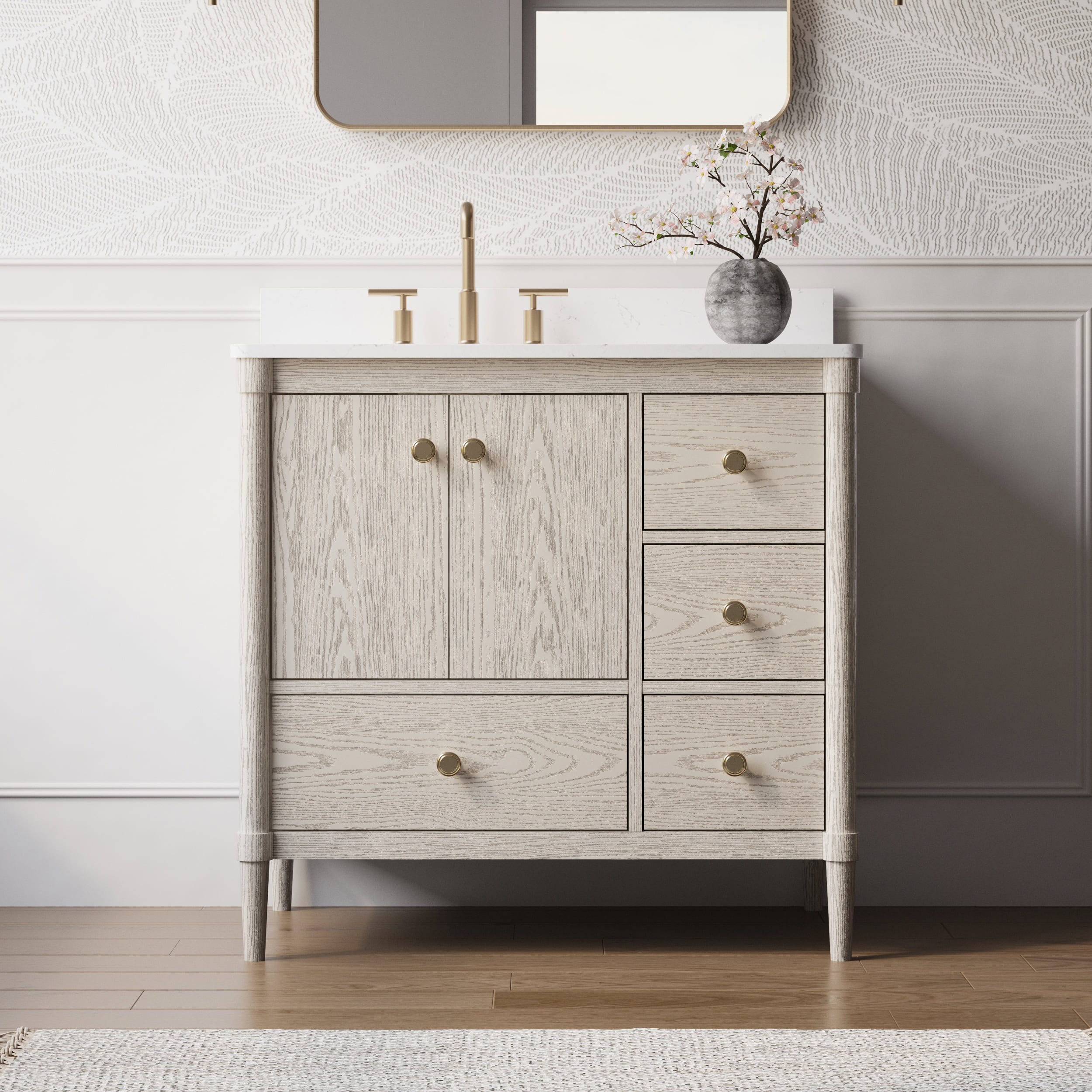 WELLFOR - ETHAN 36 in. Solid Wood Bath Vanity with Quartz Top, Single Sink, Soft Close, Assembled - OAK