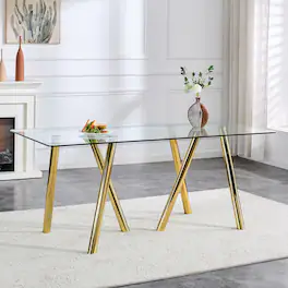Loheer - Loheer- 5.9 Ft Modern Tempered Glass Dining Table with Sturdy Metal Legs for Large Family - Gold
