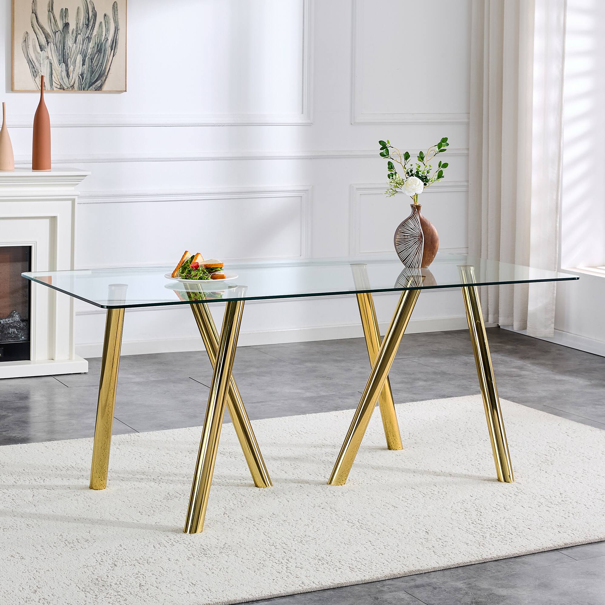 Front. Loheer - Loheer- 5.9 Ft Modern Rectangular Dining Table Heavy Duty Glass Kitchen Table for Six Person Family Gatherings - Transparent.