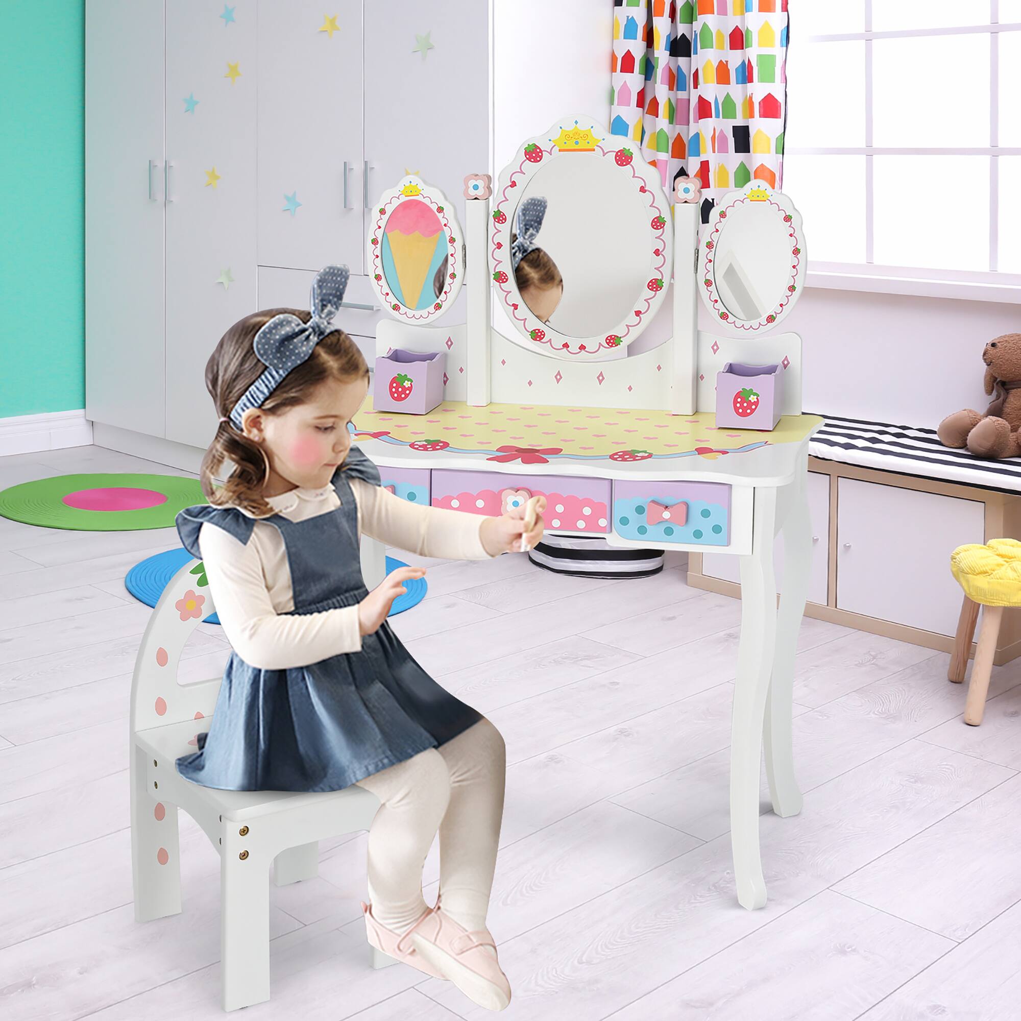 Alt View 2. Costway - Costway Kids Vanity Princess Makeup Dressing Table Chair Set w/ Tri-fold Mirror - White.