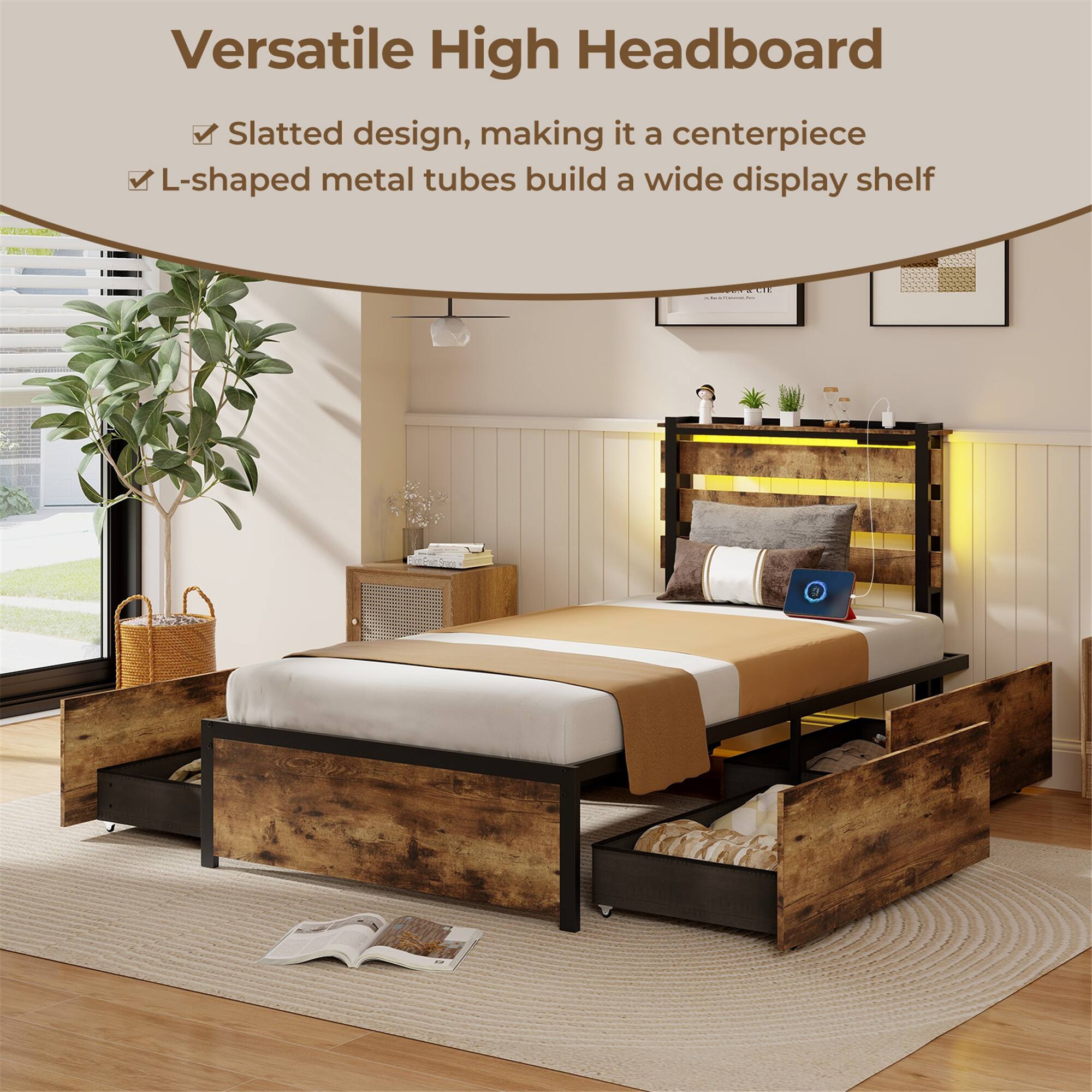 Versatile High Headboard

- Slatted design, making it a centerpiece
- L-shaped metal tubes build a wide display shelf