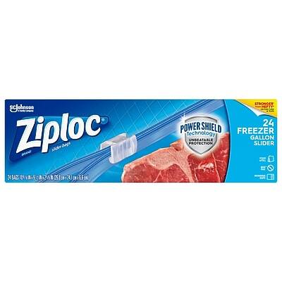 Sure, here is the corrected and grouped text from the image:

**Ziploc**  
*Strong Seal*  
*PowerShield Technology Protection*

**24**  
*Freezer Gallon Slider*

**20**  
*165 STRONGER*

**UNBEATABLE**  
*Freezer Protection*

**Gallon**  
*Slider*