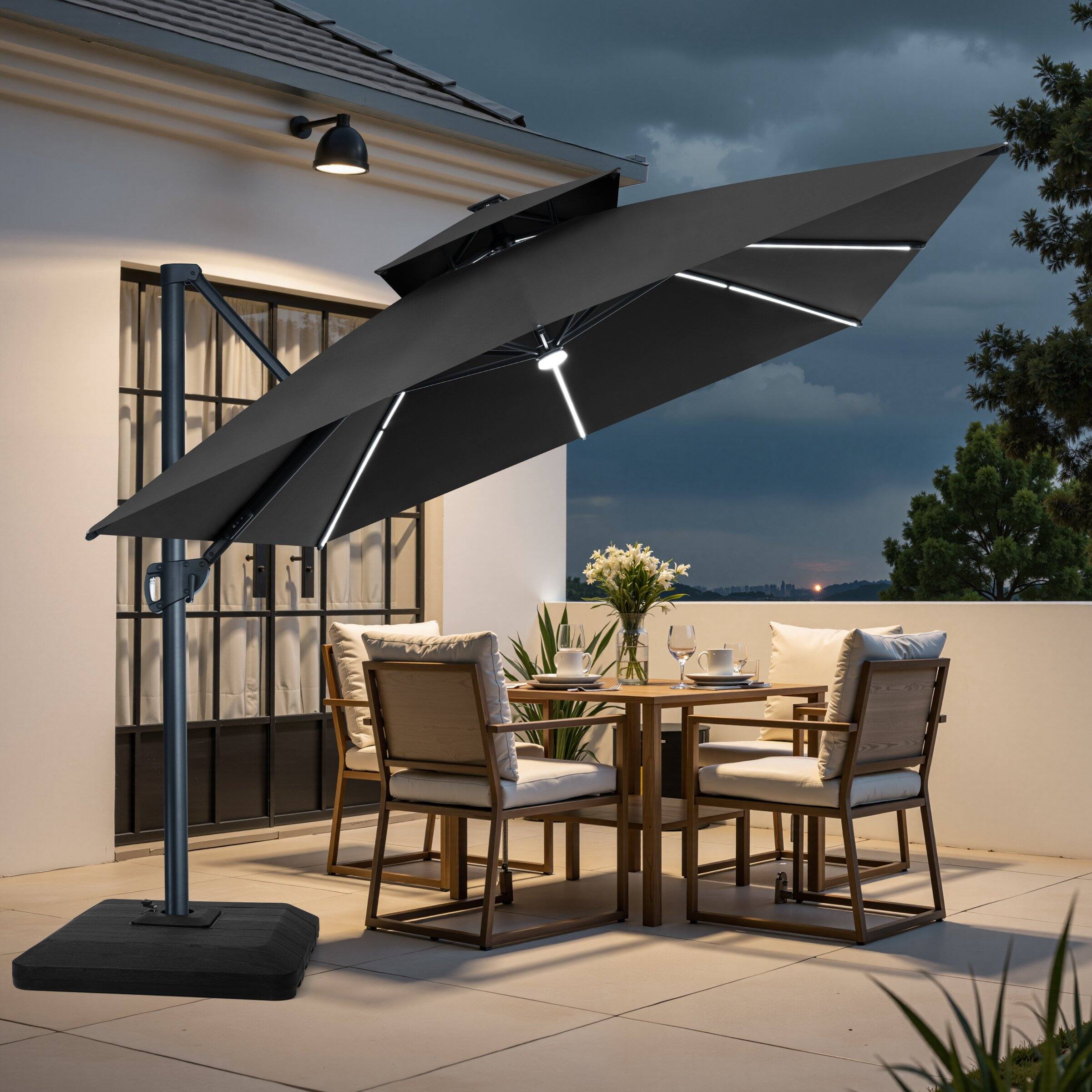 Angle. Crestlive Products - Crestlive Products 13' Patio Offset Cantilever Umbrella 2-Tier Top With Solar-Lighted Strips 350lbs Base - black.