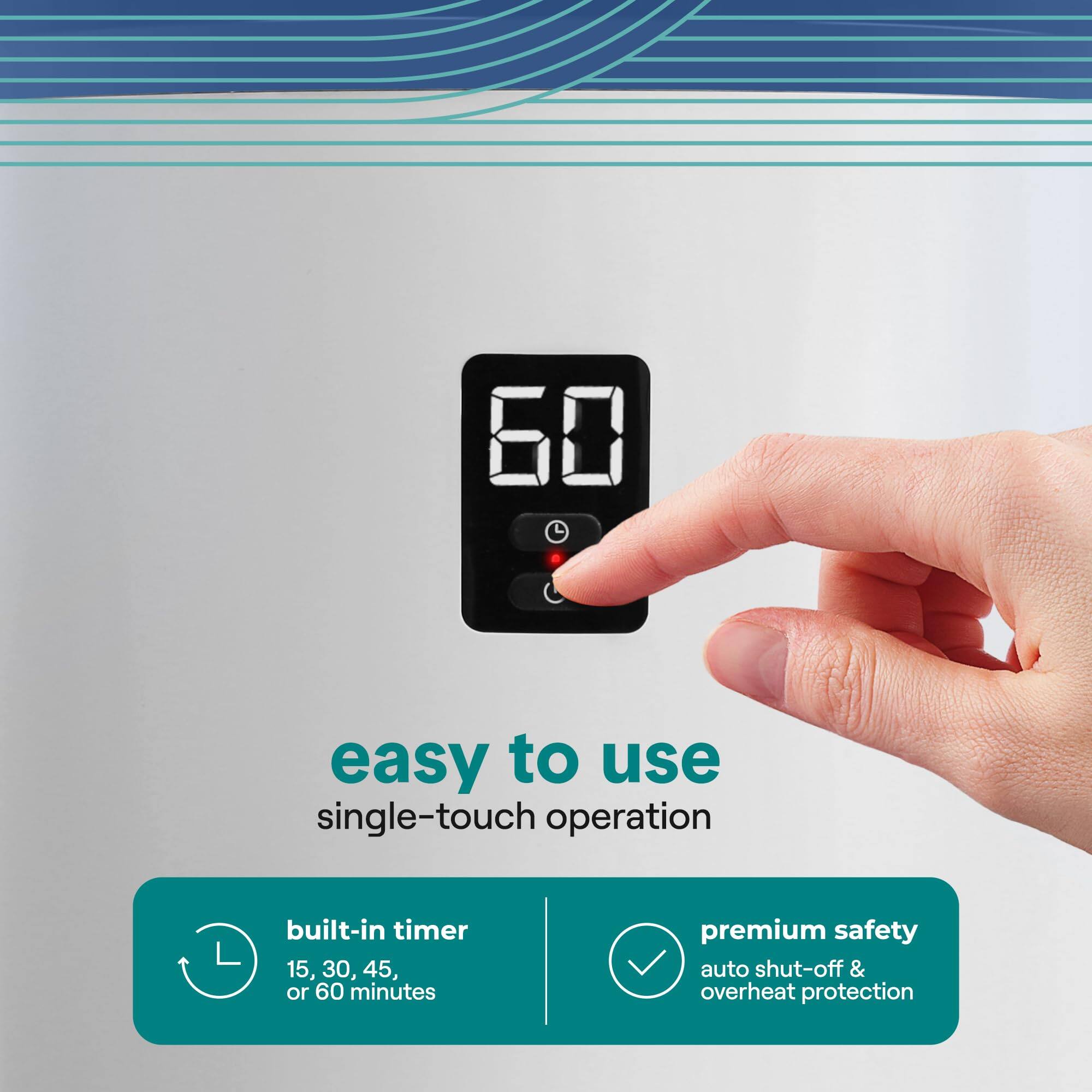 60 easy to use single-touch operation built-in timer 15, 30, 45, or 60 minutes premium safety auto shut-off & overheat protection