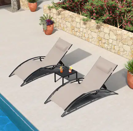 Front. PURPLE LEAF - 3-Pieces Oversized Aluminum Outdoor Chaise Lounge Patio Lounge Chair with Side Table, Beige - Beige.