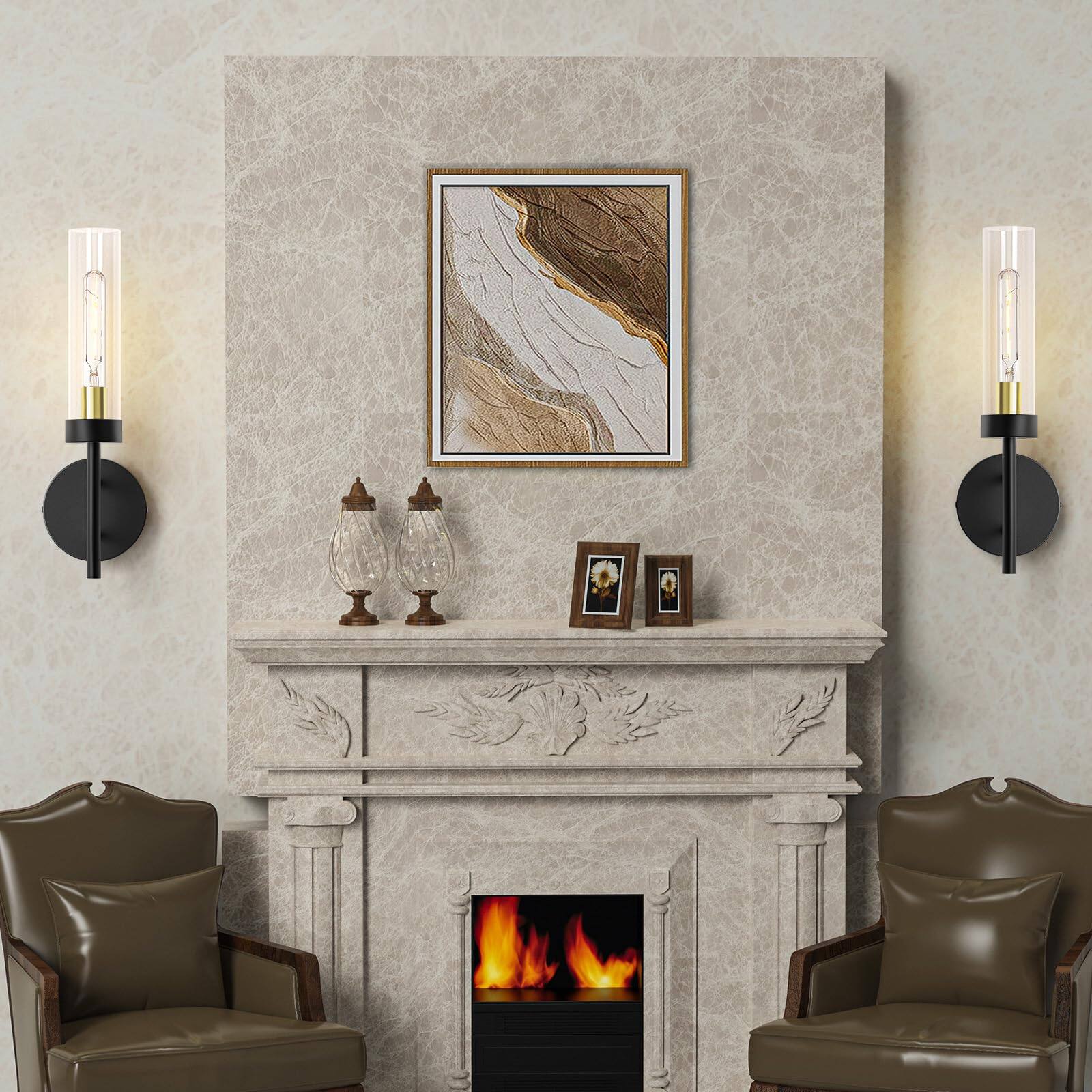 Left. E.P. Light - Set of 2 Modern Wall Sconces with Glass Lampshade - Black & Gold.