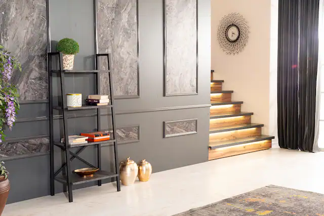 Front. TinyHomie - Leon 5 Tier Modern Ladder Bookshelf Organizers Metal Frame Bookshelf for Small Spaces - Grey.
