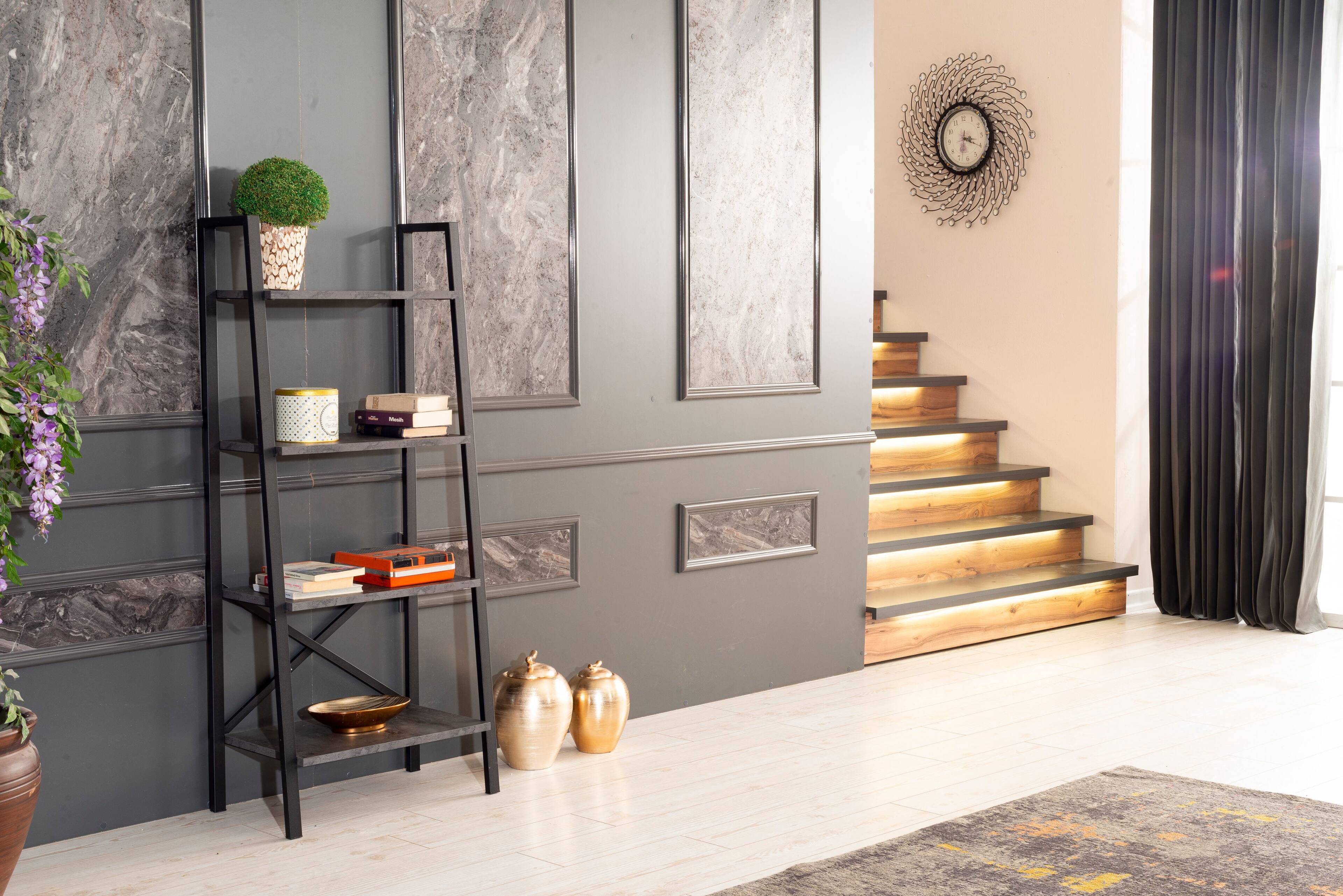 Front. TinyHomie - Leon 5 Tier Modern Ladder Bookshelf Organizers Metal Frame Bookshelf for Small Spaces - Grey.