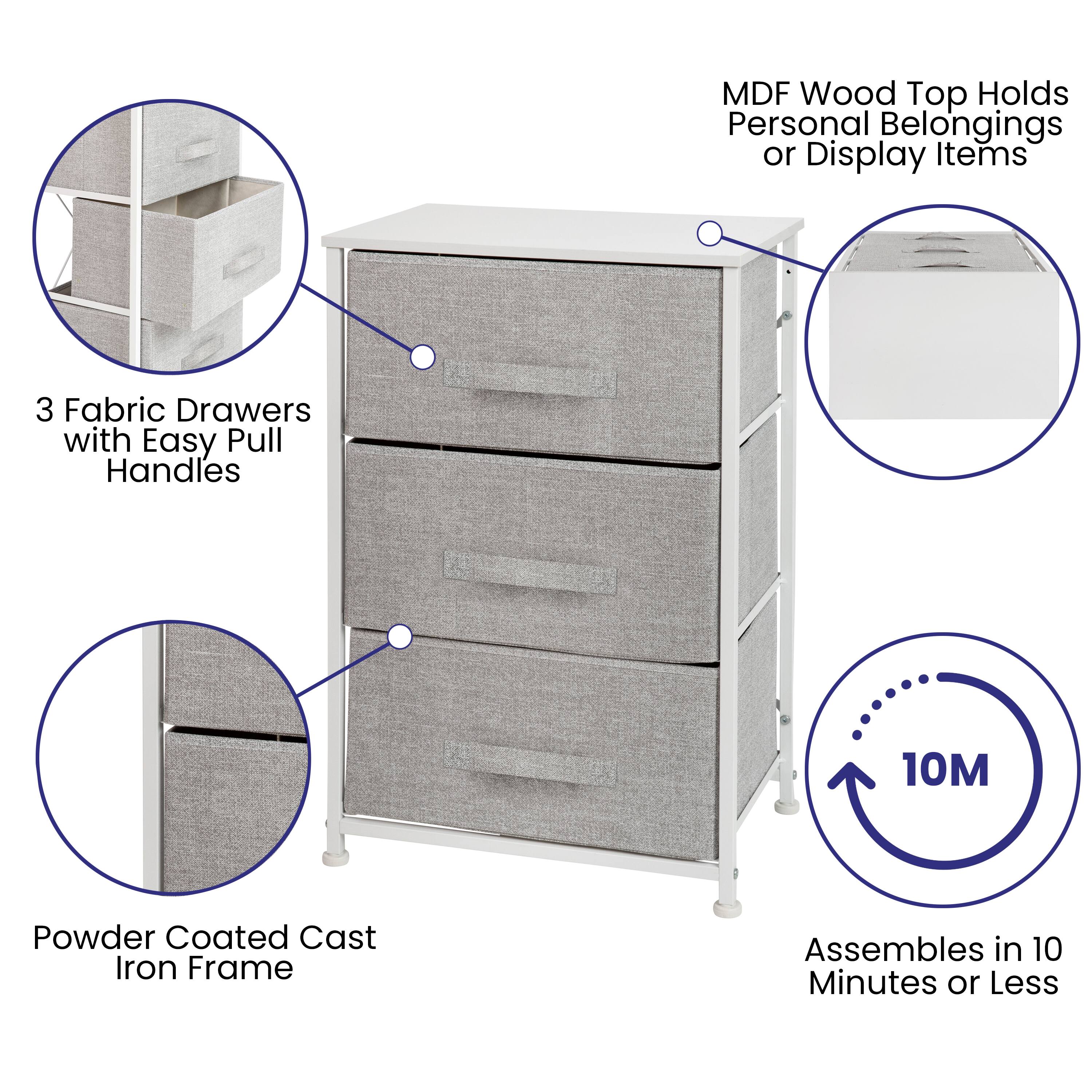 MDF Wood Top Holds Personal Belongings or Display Items  
3 Fabric Drawers with Easy Pull Handles  
10M Powder Coated Cast Iron Frame  
Assembles in 10 Minutes or Less