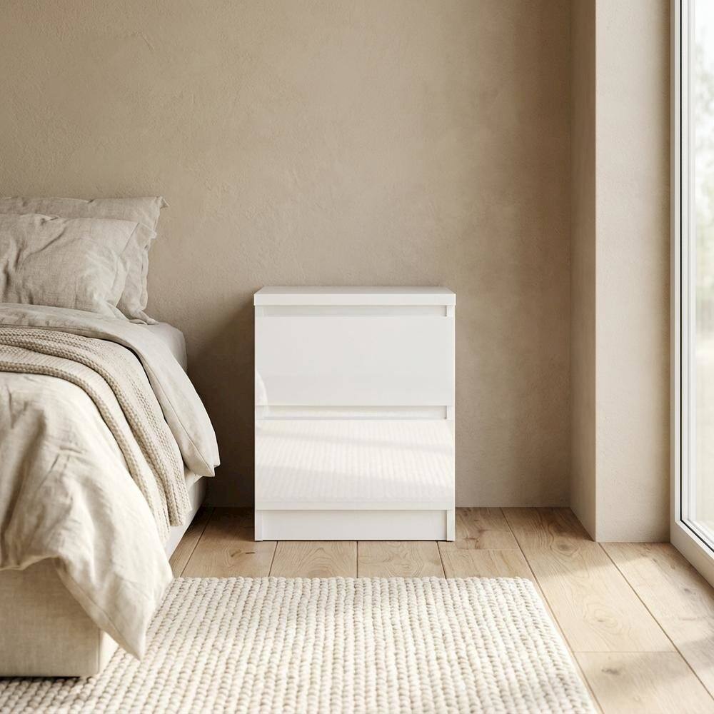 Back. FurniFact - White High Gloss Nightstand with 2 Drawers and Timeless Design - White High Gloss.