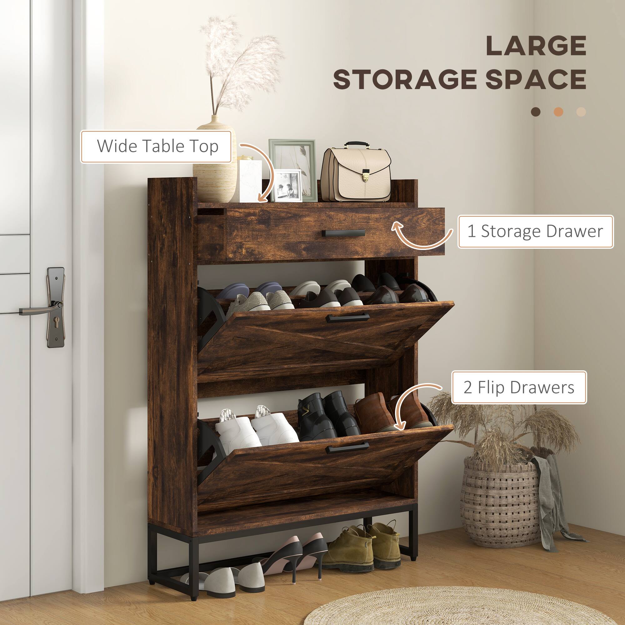 LARGE STORAGE SPACE  
- Wide Table Top  
- 1 Storage Drawer  
- 2 Flip Drawers