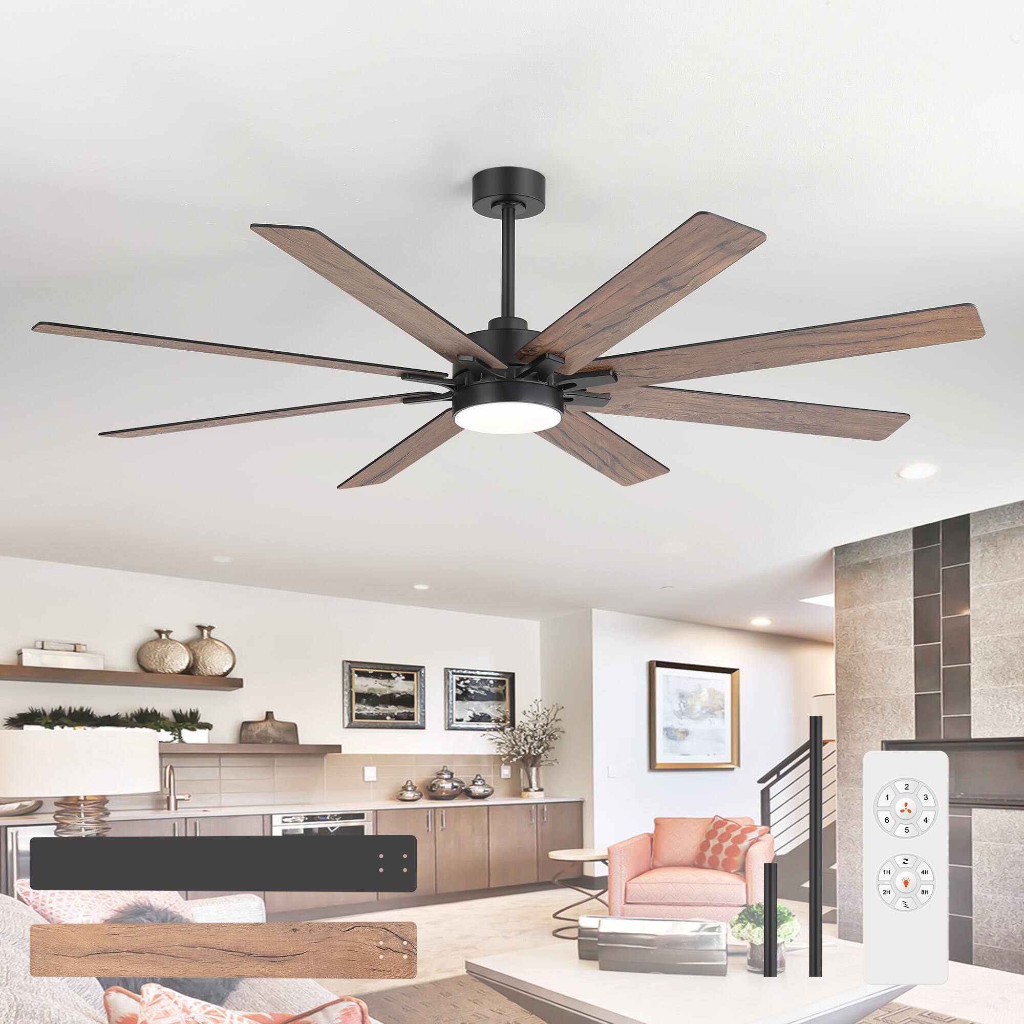 Left. Breezary - 72-Inch LED Ceiling Fan - 8 ABS Blades, 24W LED Light, DC Motor, 6 Speeds, Remote Control, Timer, Downrod Installation - Black & Dark Walnut.
