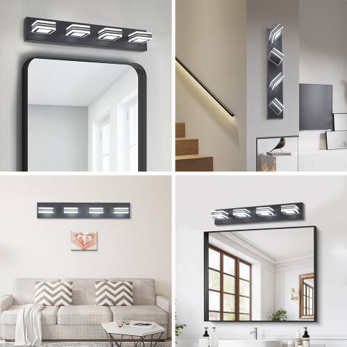 Back. LUCKY ONE - 26in Wall Mount LED Vanity Light, 4-Light Black Fixture with Square Acrylic Shades for Bathroom - Black.