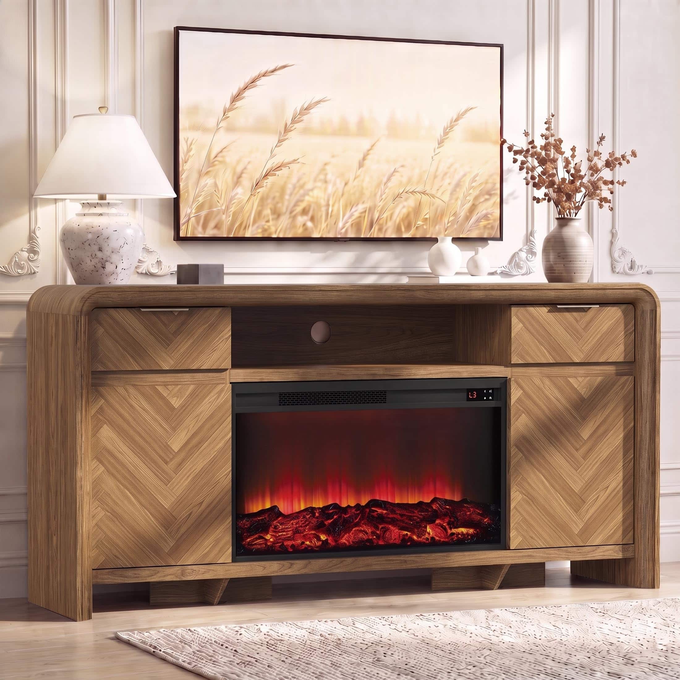 paproos - 63" Fireplace TV Stand with 30" LED Electric Fireplace, Entertainment Center Fits TVs up to 70" for Living Room - Walnut