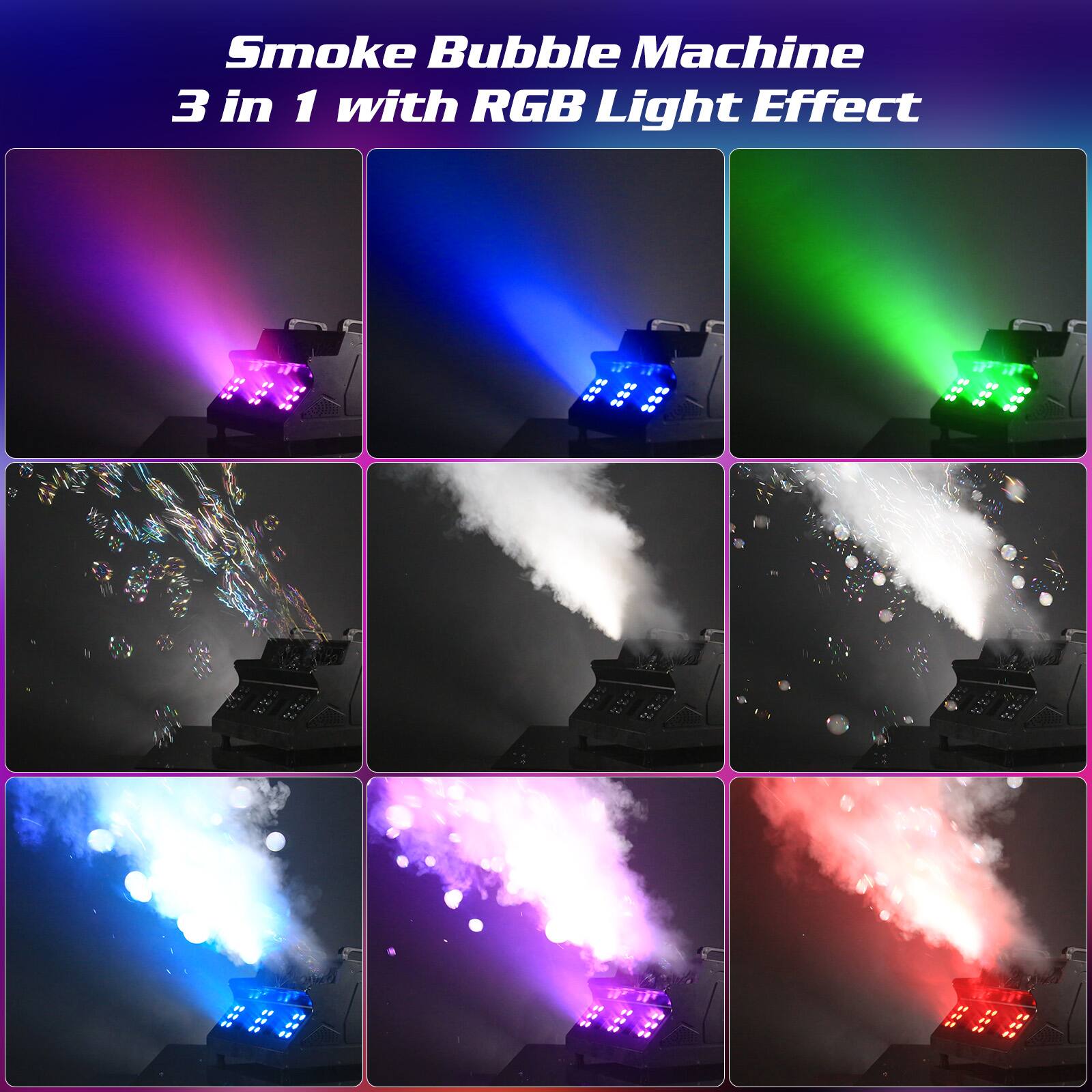 Smoke Bubble Machine  
3 in 1 with RGB Light Effect
