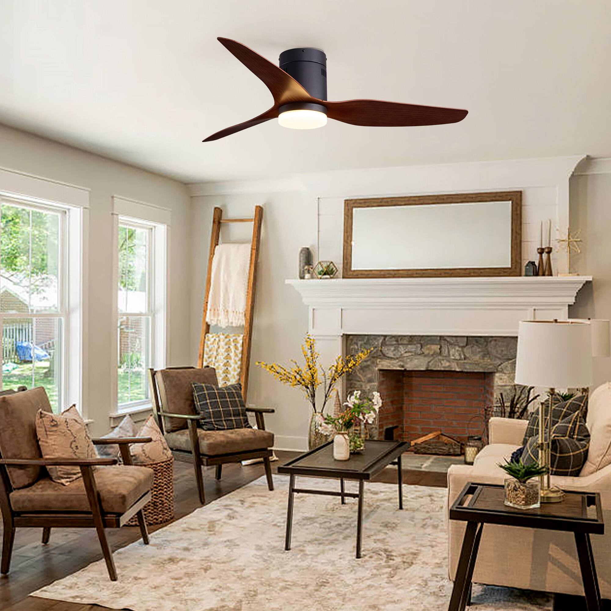Back. Siljoy - 52 Inch Low Profile Flush Mount Ceiling Fan LED Light Black Walnut 3 Wood Blades Remote for Bedroom Living Room - Brown.