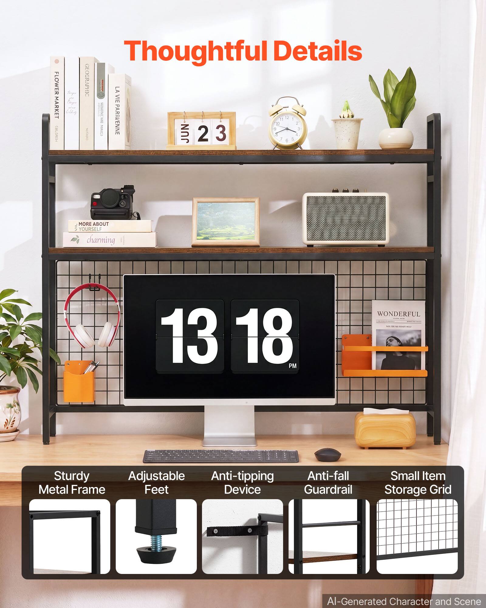 Thoughtful Details

FLOWER MARKET
GEOGRAPHIC
LA VIE PARRUENNE

JUN 2 3
MORE ABOUT YOURSELF
charming

13 18 PM
WONDERFUL

Sturdy Metal Frame
Adjustable Feet
Anti-tipping Device
Anti-fall Guardrail
Small Item Storage Grid

AI-Generated Character and Scene