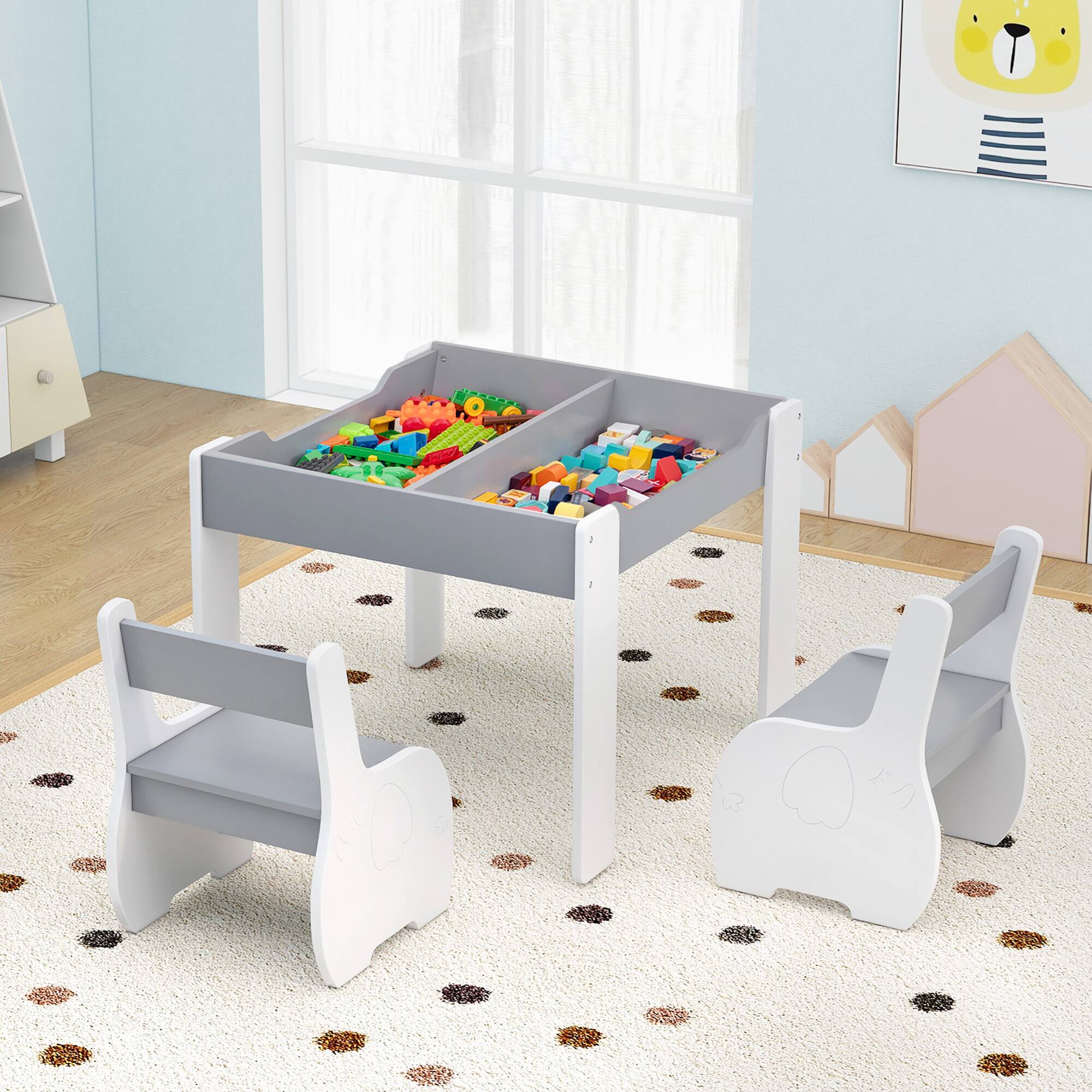 Alt View 4. Gymax - Gymax 4-in-1 Kids Wooden Table & 2 Chairs Set w/ Storage Detachable Blackboard Drawing - Gray, White.