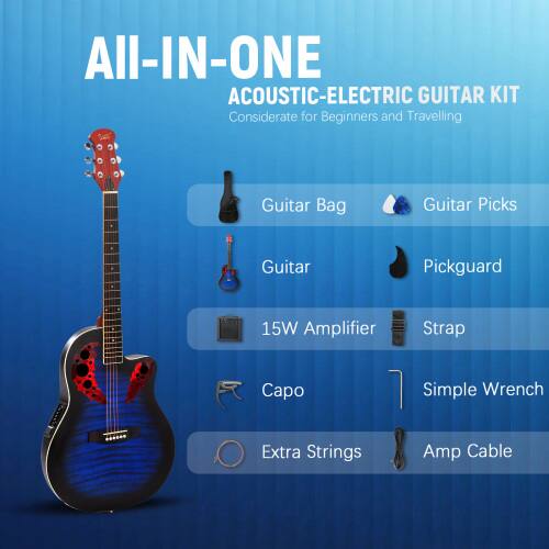All-IN-ONE ACOUSTIC-ELECTRIC GUITAR KIT  
Considerate for Beginners and Travelling

- Guitar Bag
- Guitar Picks
- Guitar
- Pickguard
- 15W Amplifier
- Strap
- Capo
- Simple Wrench
- Extra Strings
- Amp Cable