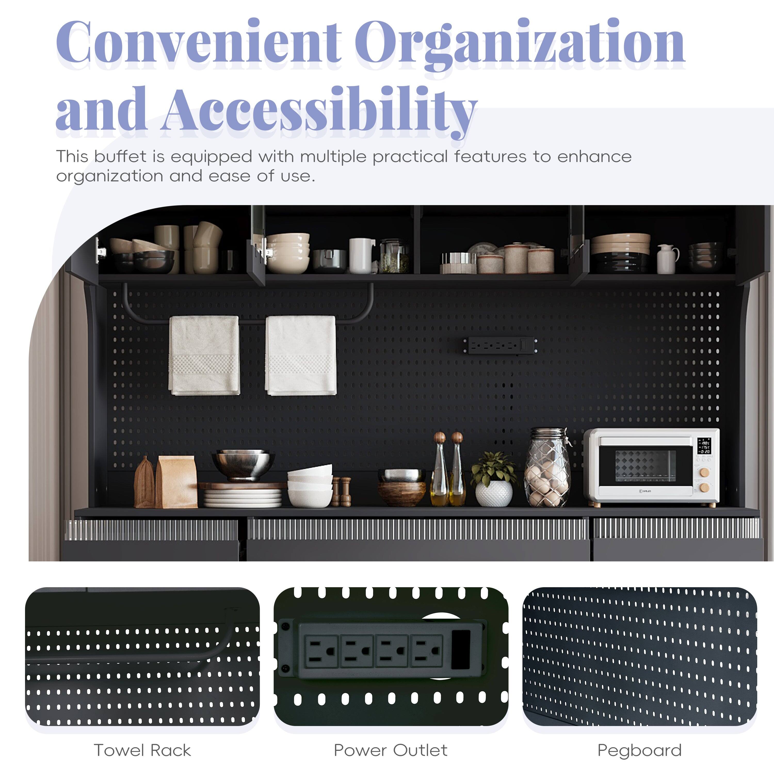 Convenient Organization and Accessibility

This buffet is equipped with multiple practical features to enhance organization and ease of use.

- Towel Rack
- Power Outlet
- Pegboard