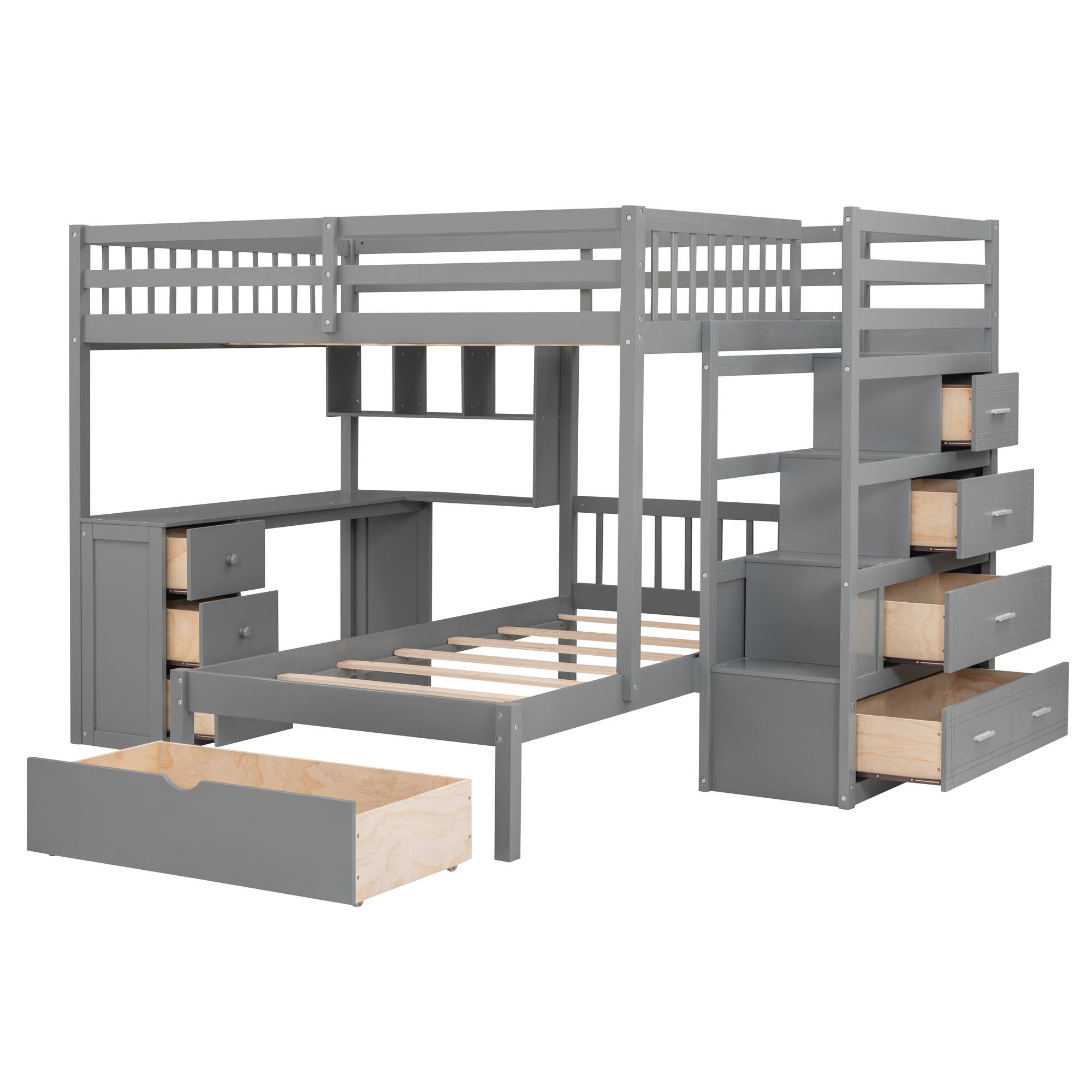 Left. Tiramisubest - Full Over Twin Bunk Bed with Desk, Gray - Solid Wood, 98x80x65 inches, Space-Saving - Gray.