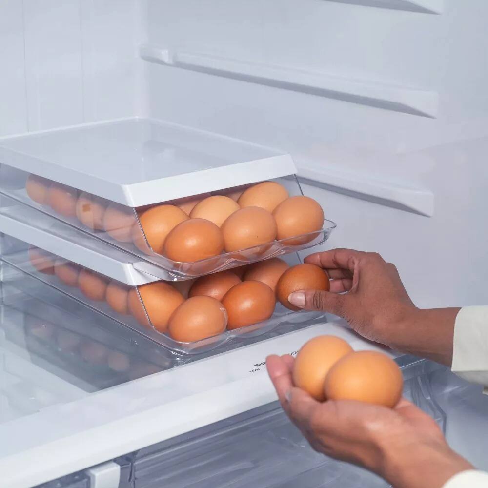Angle. OU - OU Egg Holder for Fridge, Rolling Egg Organizer for Refrigerator Organization, Clear Kitchen Storage.
