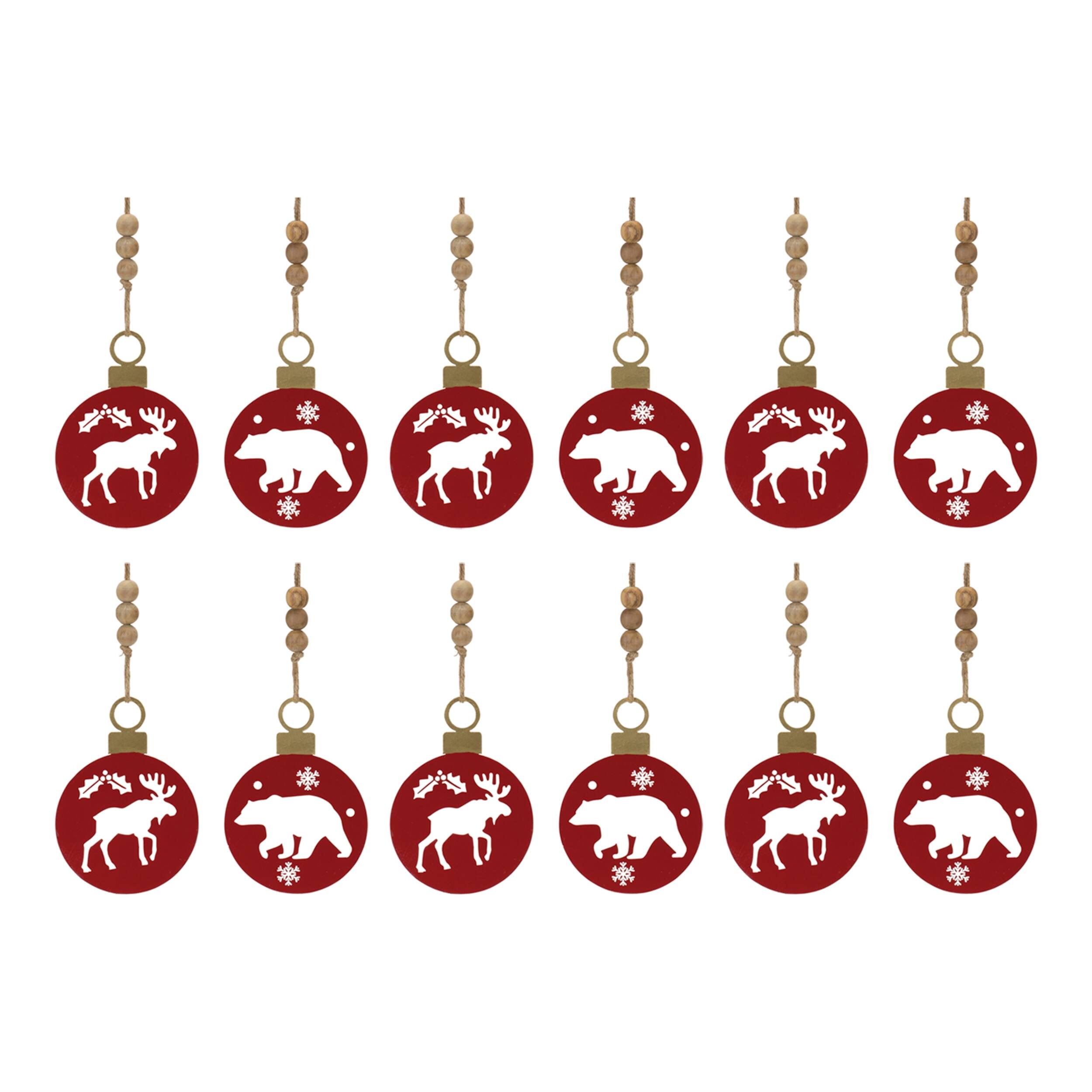 Left. BreeBe - Metal Cut Out Bear and Moose Ornament (Set of 12) - Red, Brown.