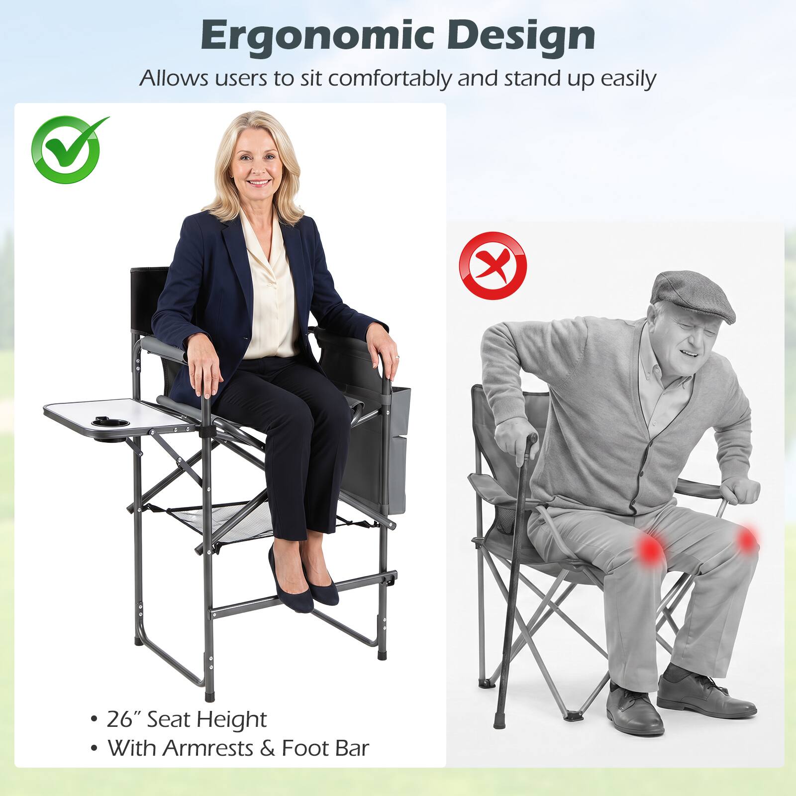 Ergonomic Design  
Allows users to sit comfortably and stand up easily

26" Seat Height  
With Armrests & Foot Bar