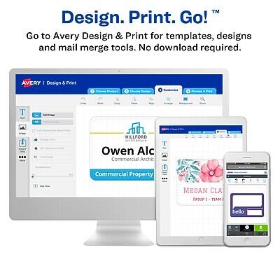 Design. Print. Go!™  
Go to Avery Design & Print for templates, designs and mail merge tools. No download required.

AVERY | Design & Print

HILLFORD  
Owen Alc  
Commercial Architect  
Commercial Property

MEGAN CLA  
Group P - TEAM  
hello
