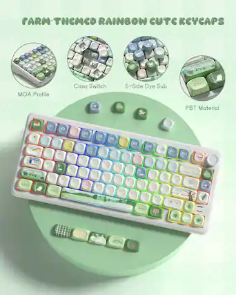 FARM-THEMED RAINBOW CUTE KEYCAPS
- MOA Profile
- Cross Switch
- 5-Side Dye Sub
- PBT Material
Keycap Layout:
- Tab
- Q W E R T Y U I O P
- A S D F G H J K L ;
- Z X C V B N M , . /
- Shift
- F1 F2 F3 F4 F5 F6 F7 F8 F9 F10 F11 F12
- Backspace
- Enter
- Alt