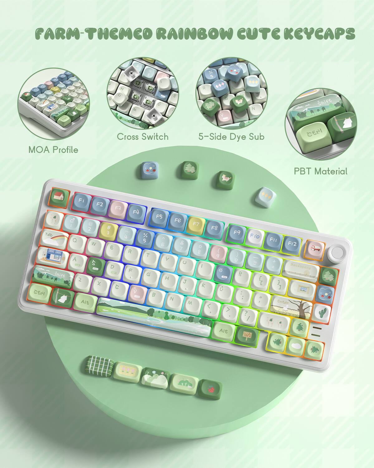 Womier - MOA Profile PBT Keycaps,133Keys Cute Style Keycap Set,Dye-Sublimation Rainbow Theme for Most 60% 65% 75% 80% 100% - Green