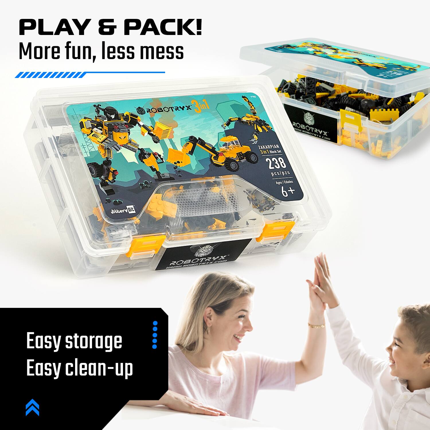 PLAY & PACK!  
More fun, less mess  

ROBOTRYX 3in1  
ZAKARIAN 3 a2 S BES pesipzs higel Toteten 6+ + Jibbery DE ROBOTRYX C Fecr KAA  

Easy storage  
Easy clean-up
