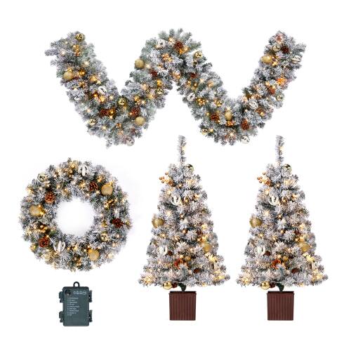 Winado - 4PCS Christmas Garland, Wreath, Entrance Trees with Lights for Indoor Outdoor Holiday Decorations - Snow Flocked Green