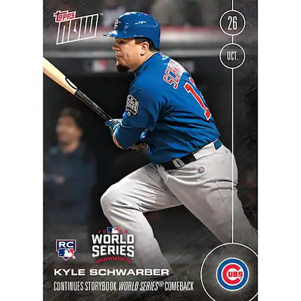 Sure, here is the corrected and grouped text from the image:
---
**Topps**
**26 OCT.**
**RC WORLD SERIES**
**KYLE SCHWARBER**
**CONTINUES STORYBOOK WORLD SERIES COMEBACK**
**UBS**
---
**WORLD SERIES**
**RC WORLD SERIES**
**KYLE SCHWARBER**
**CONTINUES STORYBOOK WORLD SERIES COMEBACK**
**UBS**