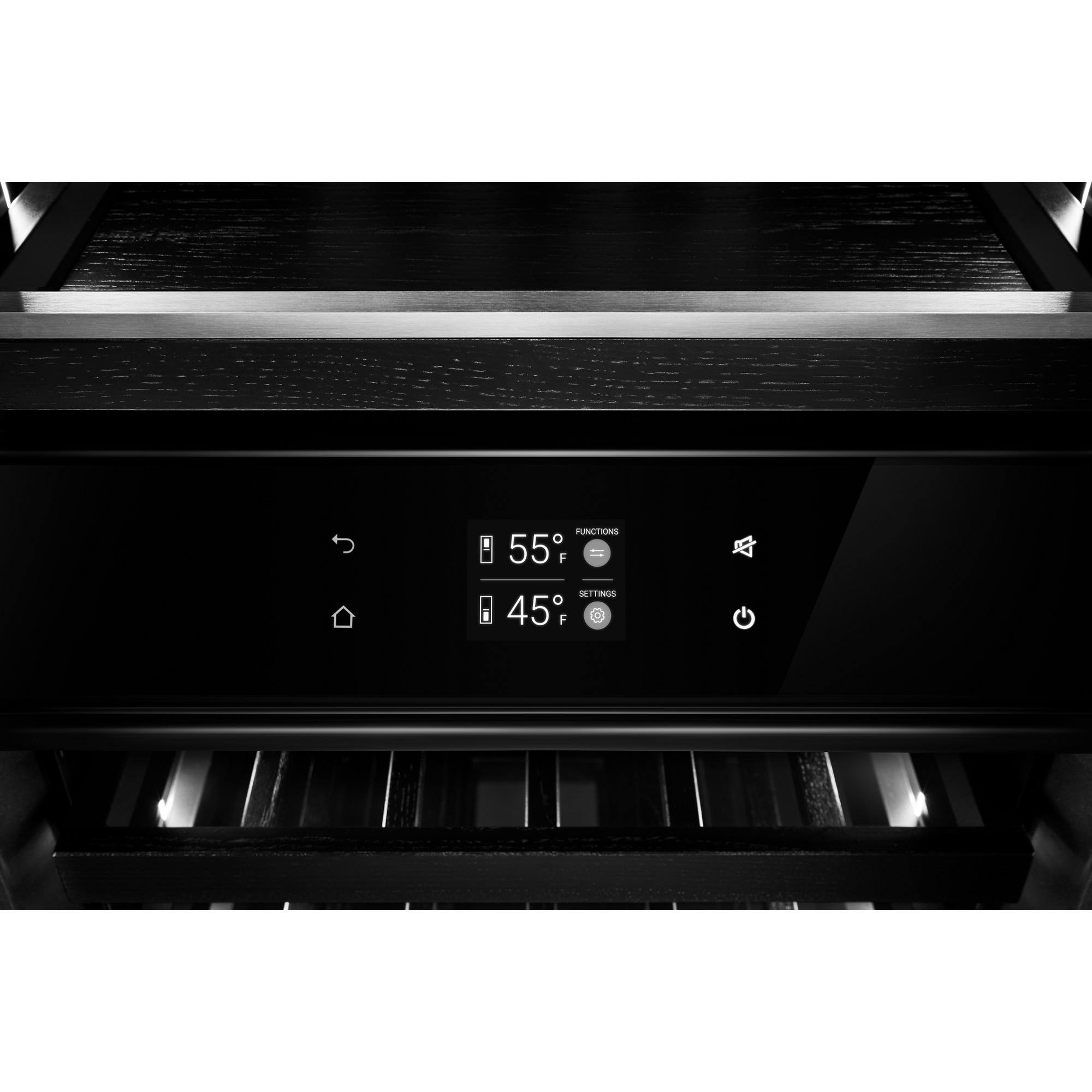 The image shows a black electronic device with a digital display showing the temperature as 55 degrees Fahrenheit. The device also has a button labeled "45 F" on it, indicating that it can be set to that temperature as well. The device is likely used for heating or cooling purposes, such as a thermostat or a temperature control system.