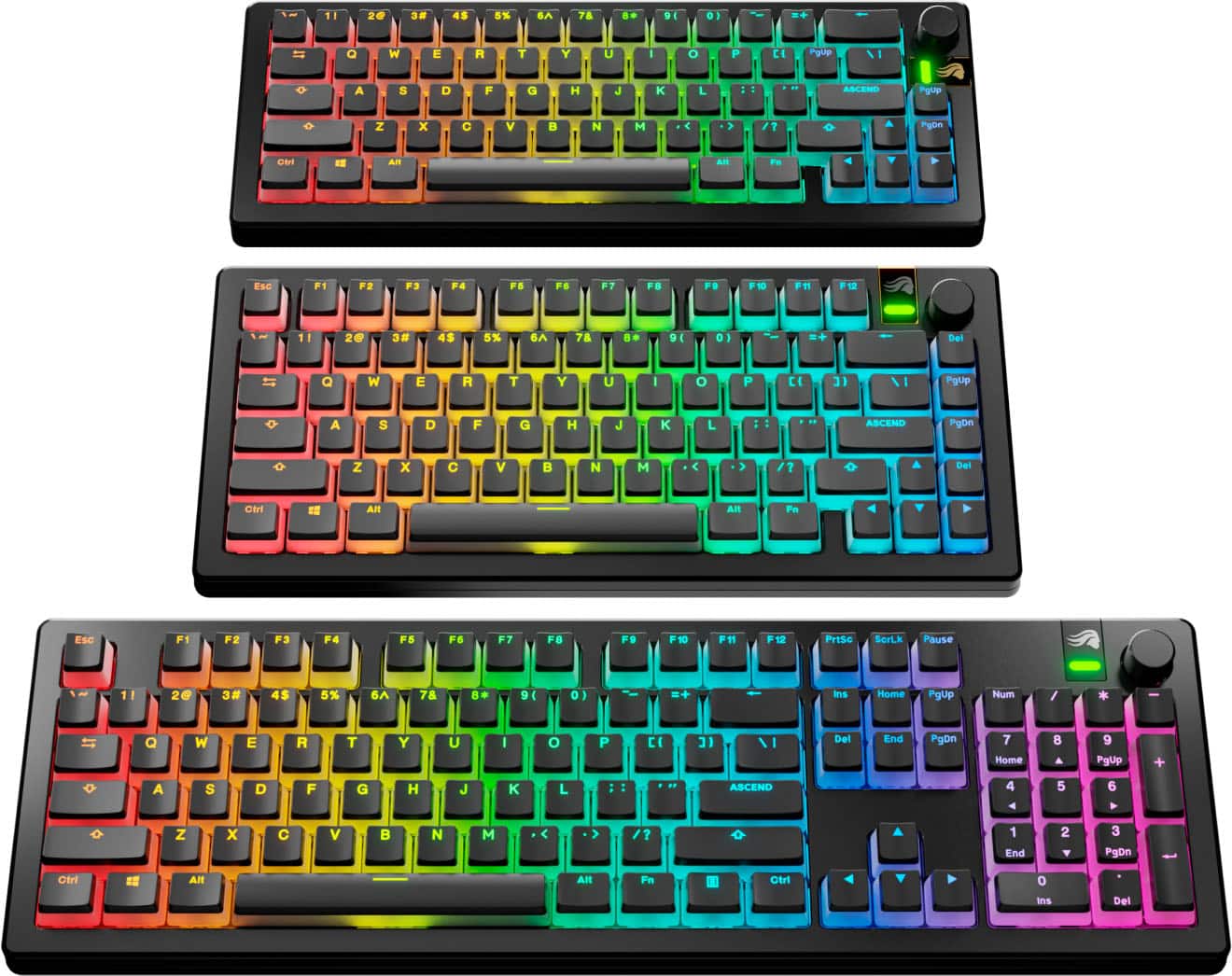 The image shows two colorful keyboards, one on the left and one on the right. The left keyboard has the letters A, S, D, F, G, H, J, K, L, and Z arranged in a row. The right keyboard also has the letters A, S, D, F, G, H, J, K, L, and Z arranged in a row. The two keyboards are placed next to each other, creating an interesting visual effect.
