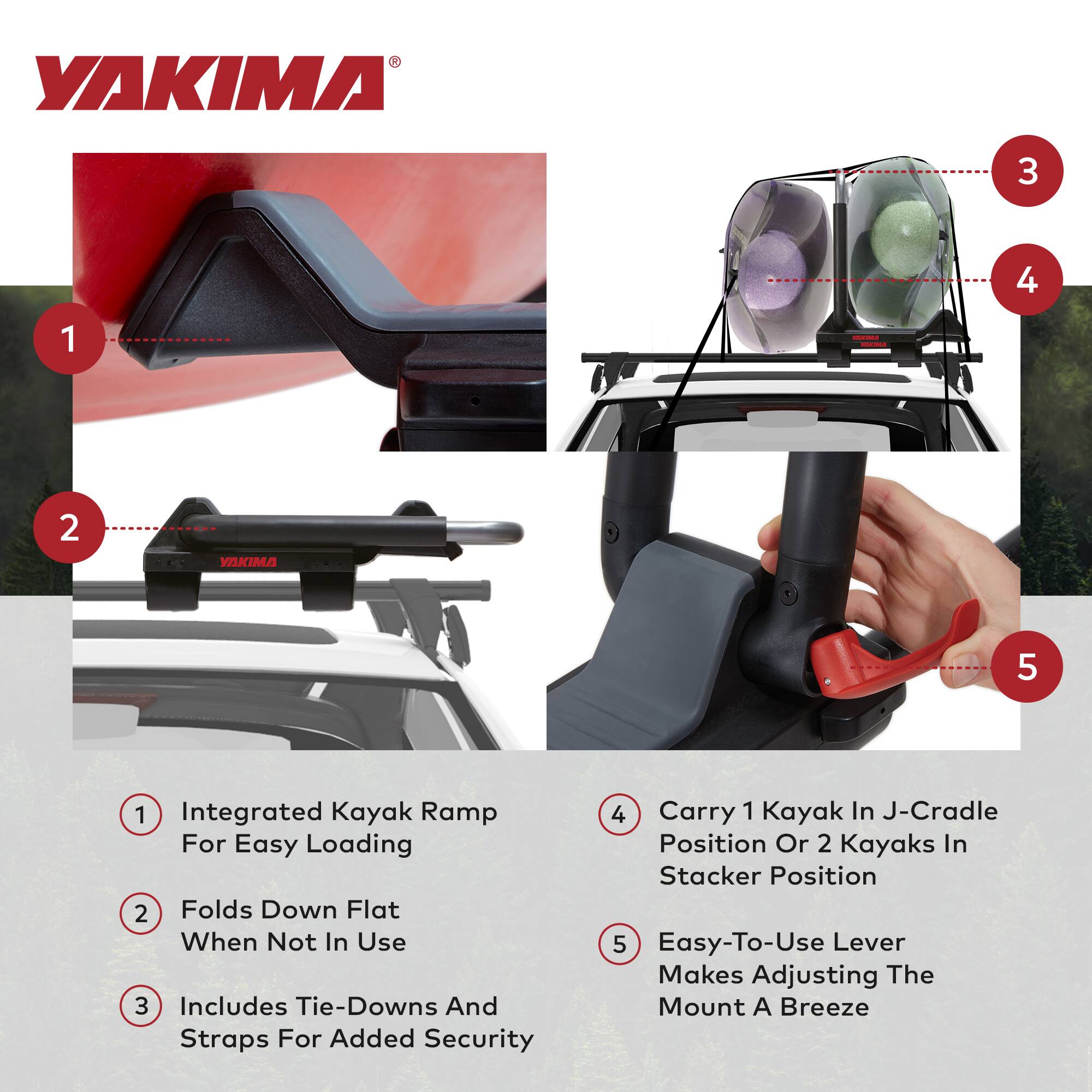 YAKIMA 3 4 1 - - 2 YAKIMA 5 1

1. Integrated Kayak Ramp For Easy Loading
2. Folds Down Flat When Not In Use
3. Includes Tie-Downs And Straps For Added Security
4. Carry 1 Kayak In J-Cradle Position Or 2 Kayaks In Stacker Position
5. Easy-To-Use Lever Makes Adjusting The Mount A Breeze