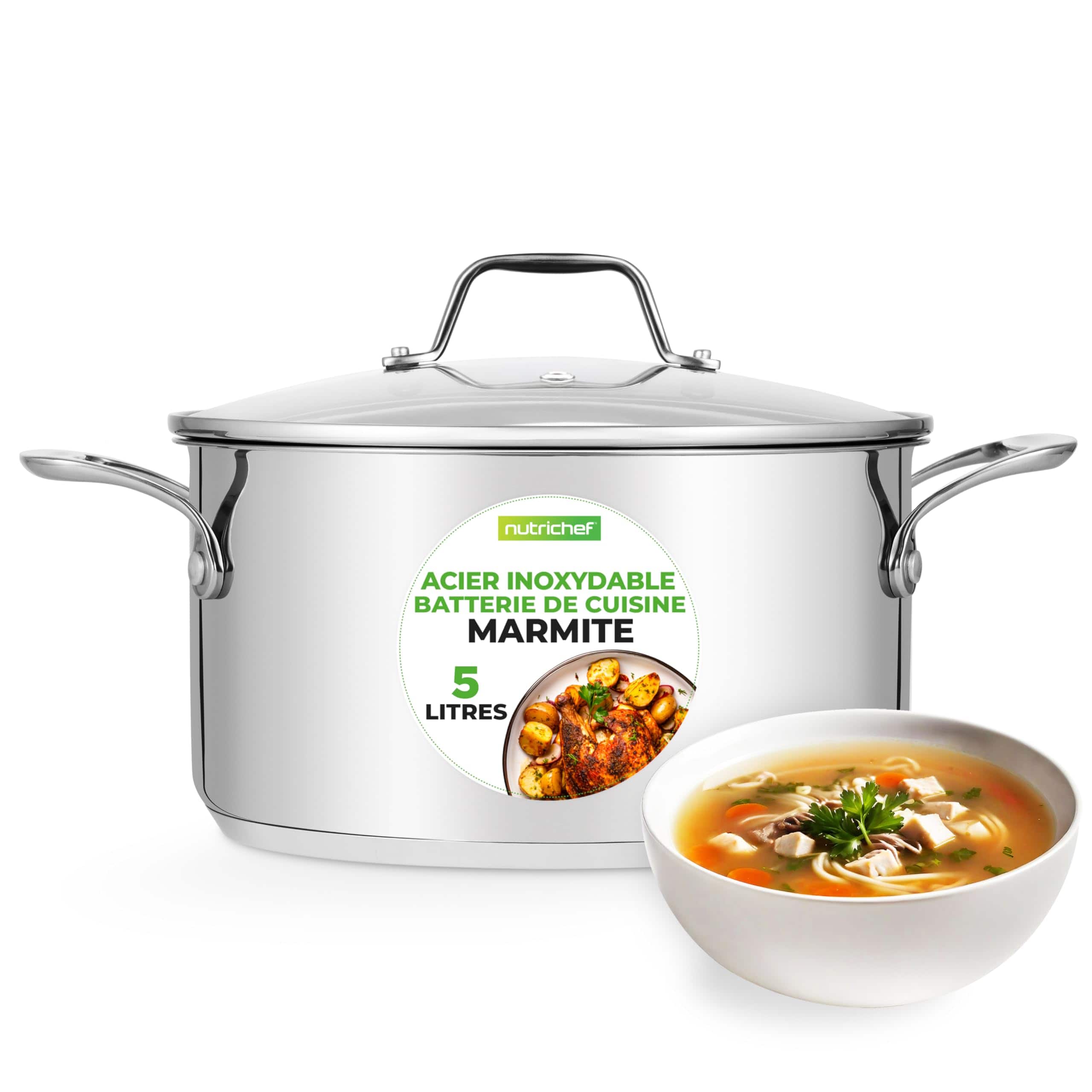 NutriChef - 6-Quart Stainless Steel Stockpot, Induction-Compatible with See-Through Lid - NCSP6 - Silver