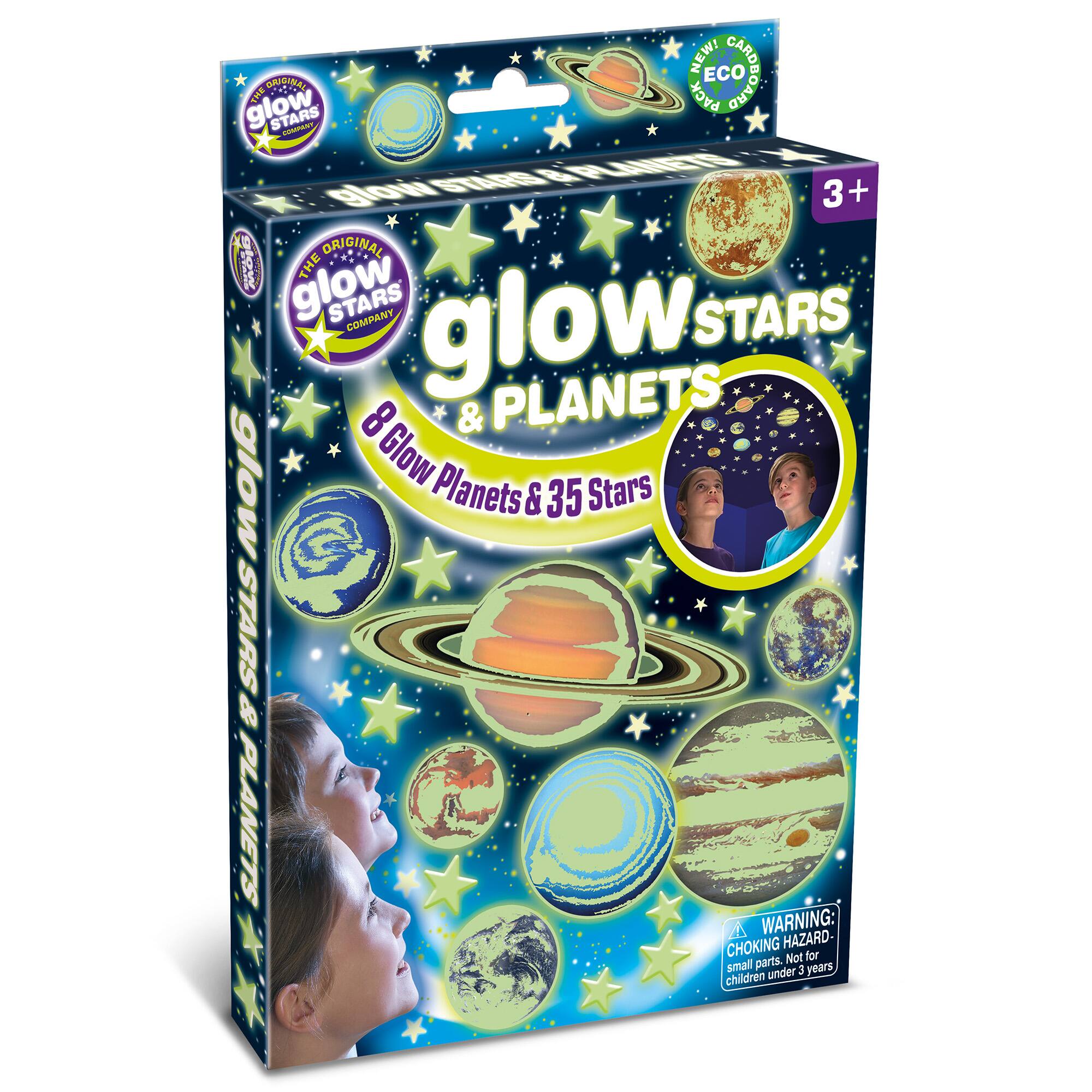NEW! ECO CADHOAMD GRIDINA PACK glow STARS SOATRNT I glonii Plow&afRAES RASA 3+ ORIGINAL THE glow STARS COMPANY glow STARS 8 & PLANETS: glow Glow Planets & 35 Stars STARS 8 PLANETS A WARNING: CHOKING HAZARD Not for small parts. 3 years+ children under