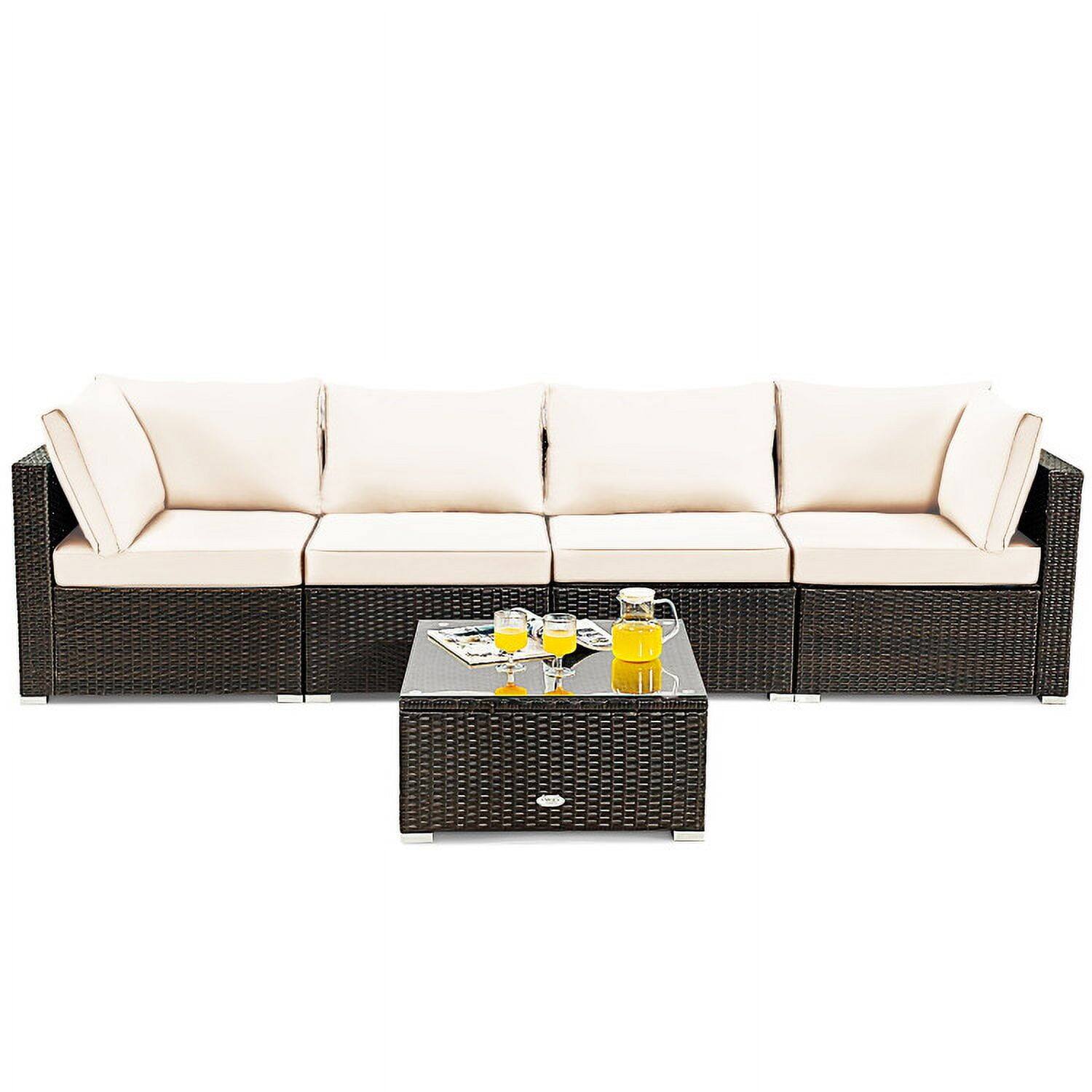 Angle. Kadyn - 5 Pieces Cushioned Patio Rattan Furniture Set with Glass Table-White, Patio Seating Conversation Set - White.