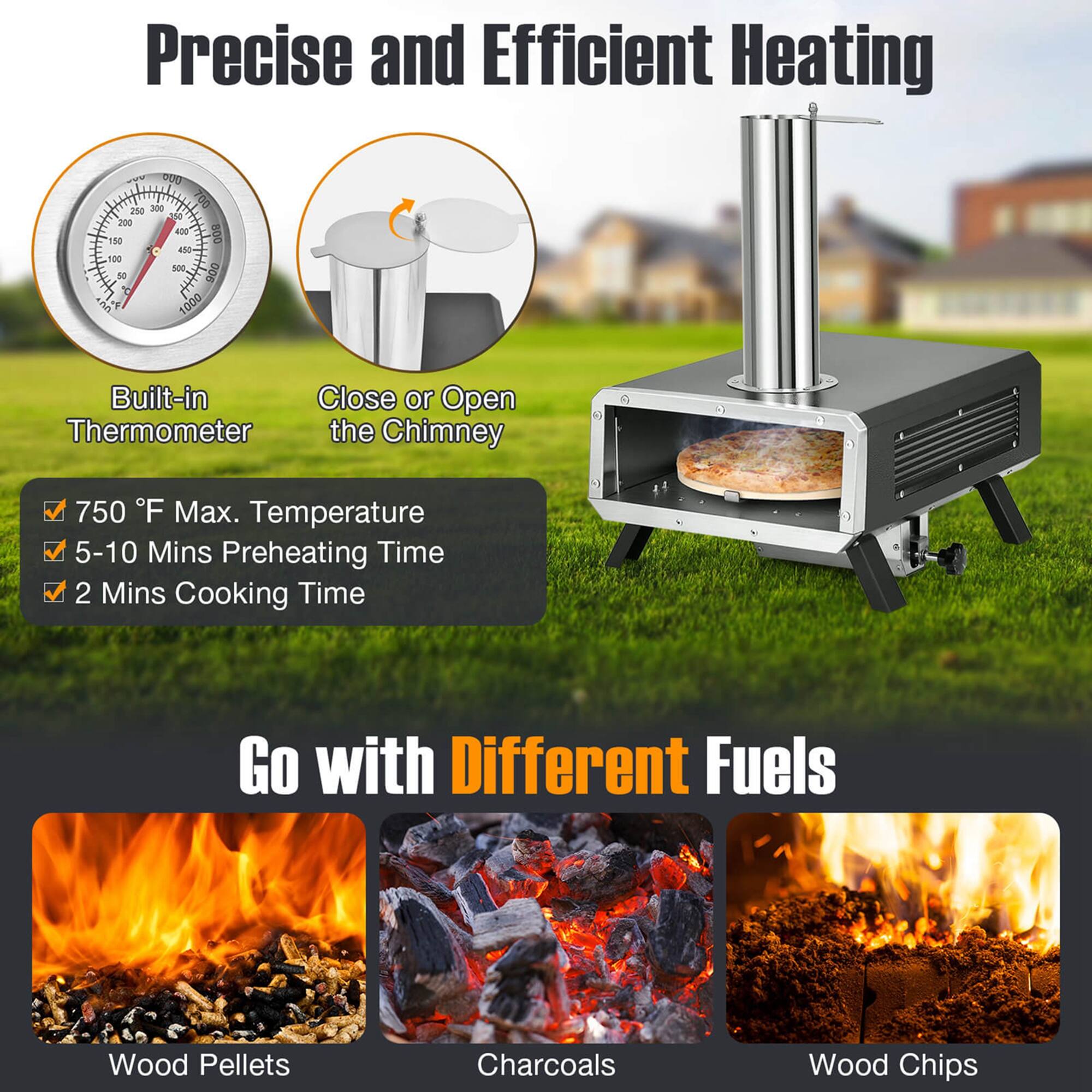 Precise and Efficient Heating:

* PUD 300 TO 200 ide 2000 400 800 150 450 100 100 1 900 2 U F 1000 Built-in Close or Open Thermometer the Chimney 750 F Max. Temperature 5-10 Mins Preheating Time 2 Mins Cooking Time Go with Different Fuels Wood Pellets Charcoals Wood Chips