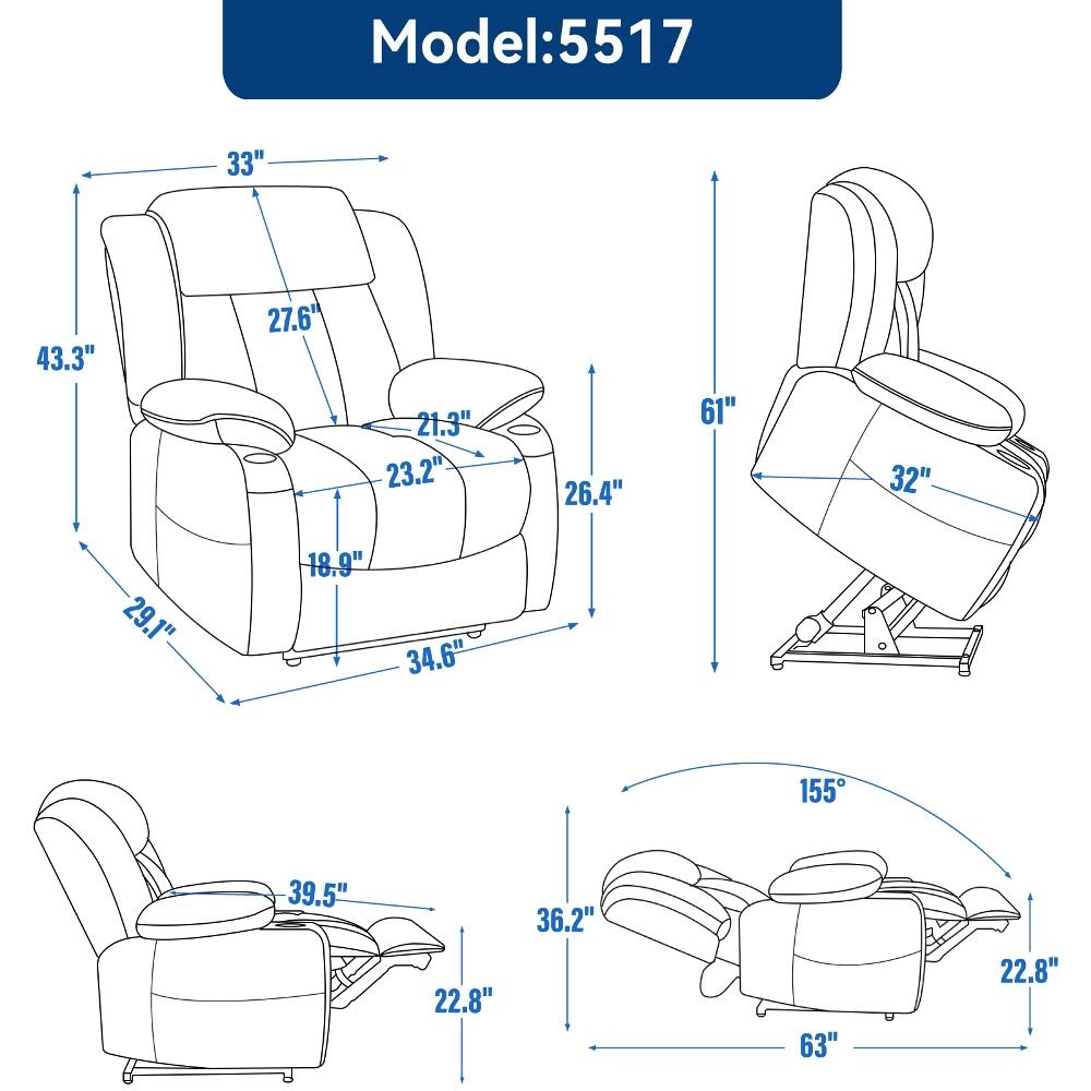 Model: 5517

- 33"
- 43.3"
- 27.6"
- 21.3"
- 23.2"
- 26.4"
- 61"
- 32"
- 29.1"
- 18.9"
- 34.6"
- 155
- 39.5"
- 22.8"
- 36.2"
- 63"
- 22.8"