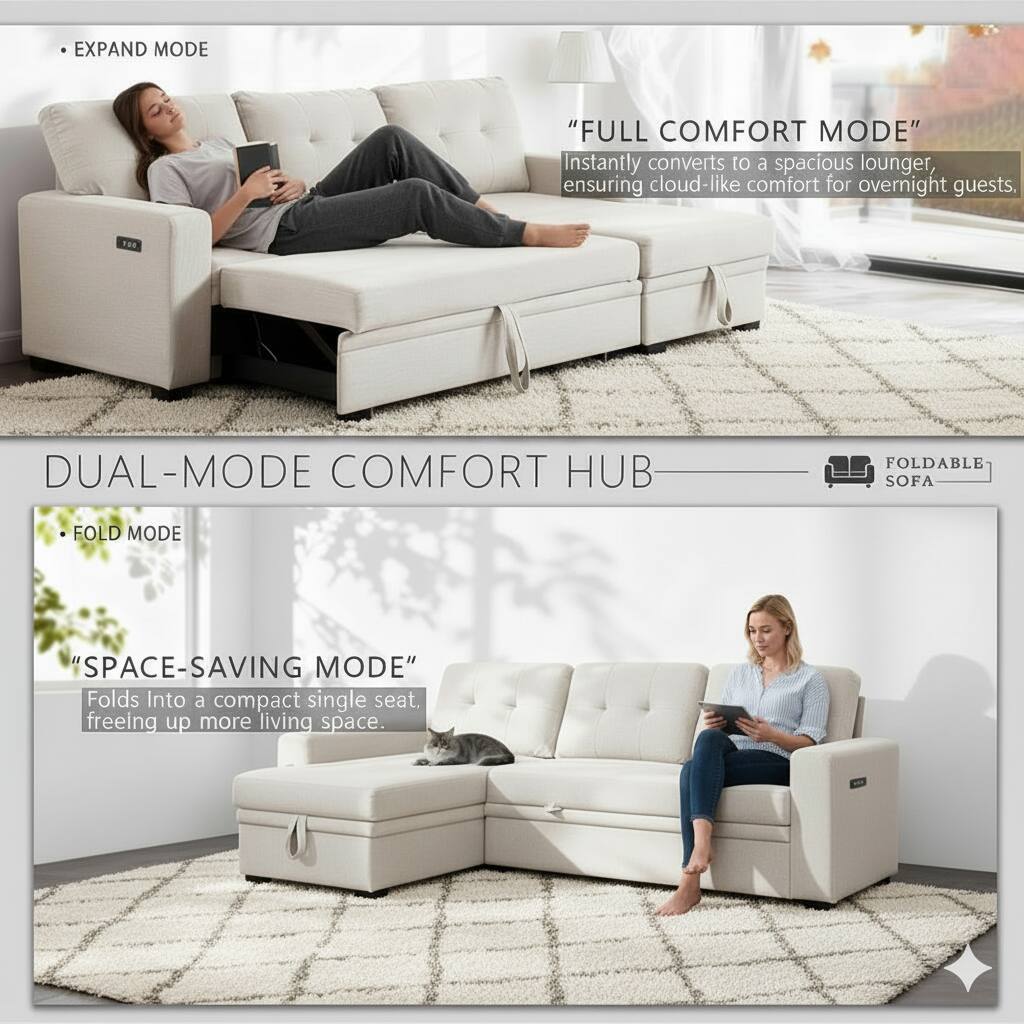 EXPAND MODE "FULL COMFORT MODE"  
Instantly converts to a spacious lounger, ensuring cloud-like comfort for overnight guests.

FOLD MODE "SPACE-SAVING MODE"  
Folds into a compact single seat, freeing up more living space.

DUAL-MODE COMFORT HUB  
FOLDABLE SOFA