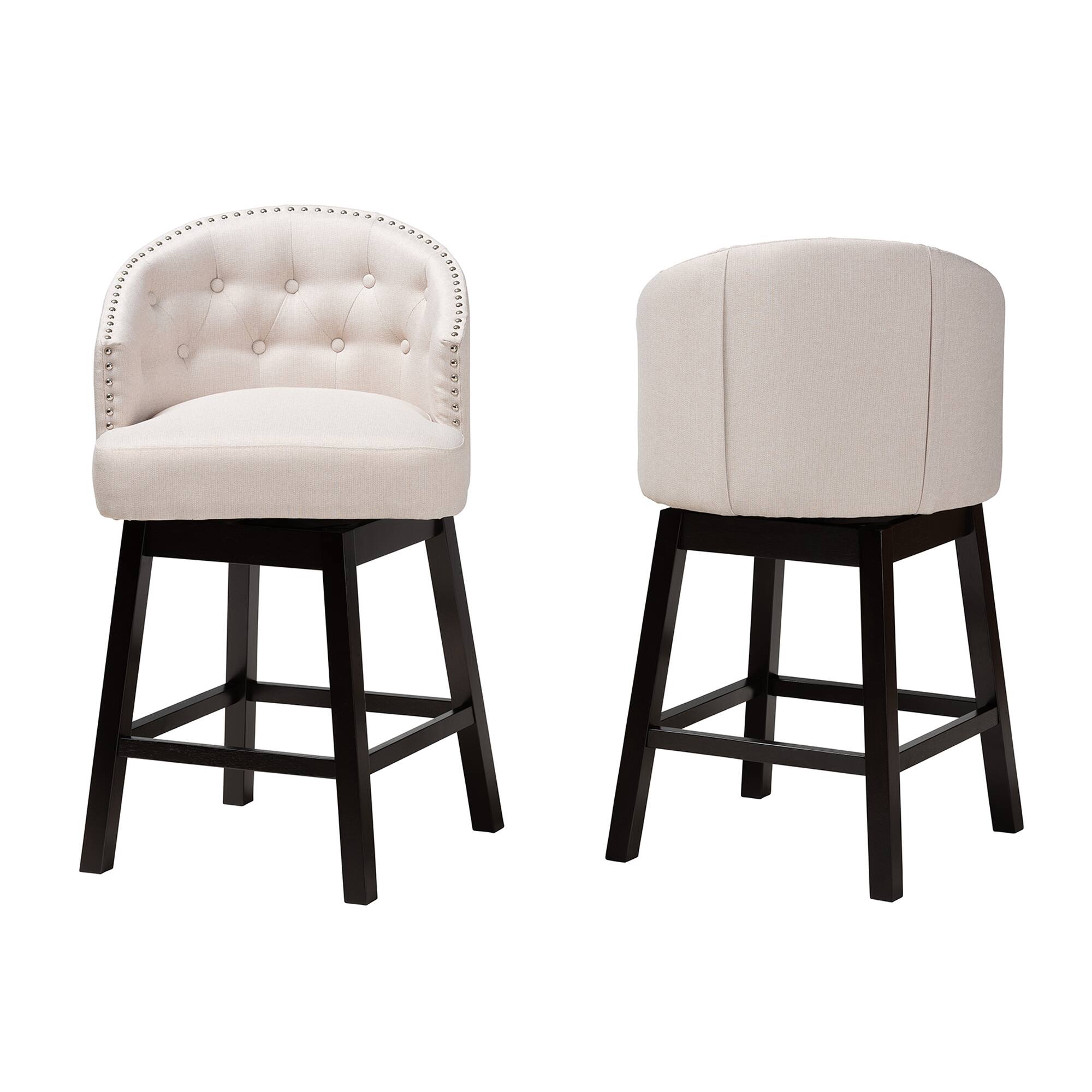 Angle. Baxton Studio - Theron Mid-Century Transitional Fabric and Espresso Finished Wood 2-Piece Swivel Counter Stool Set - Beige/Espresso Brown.