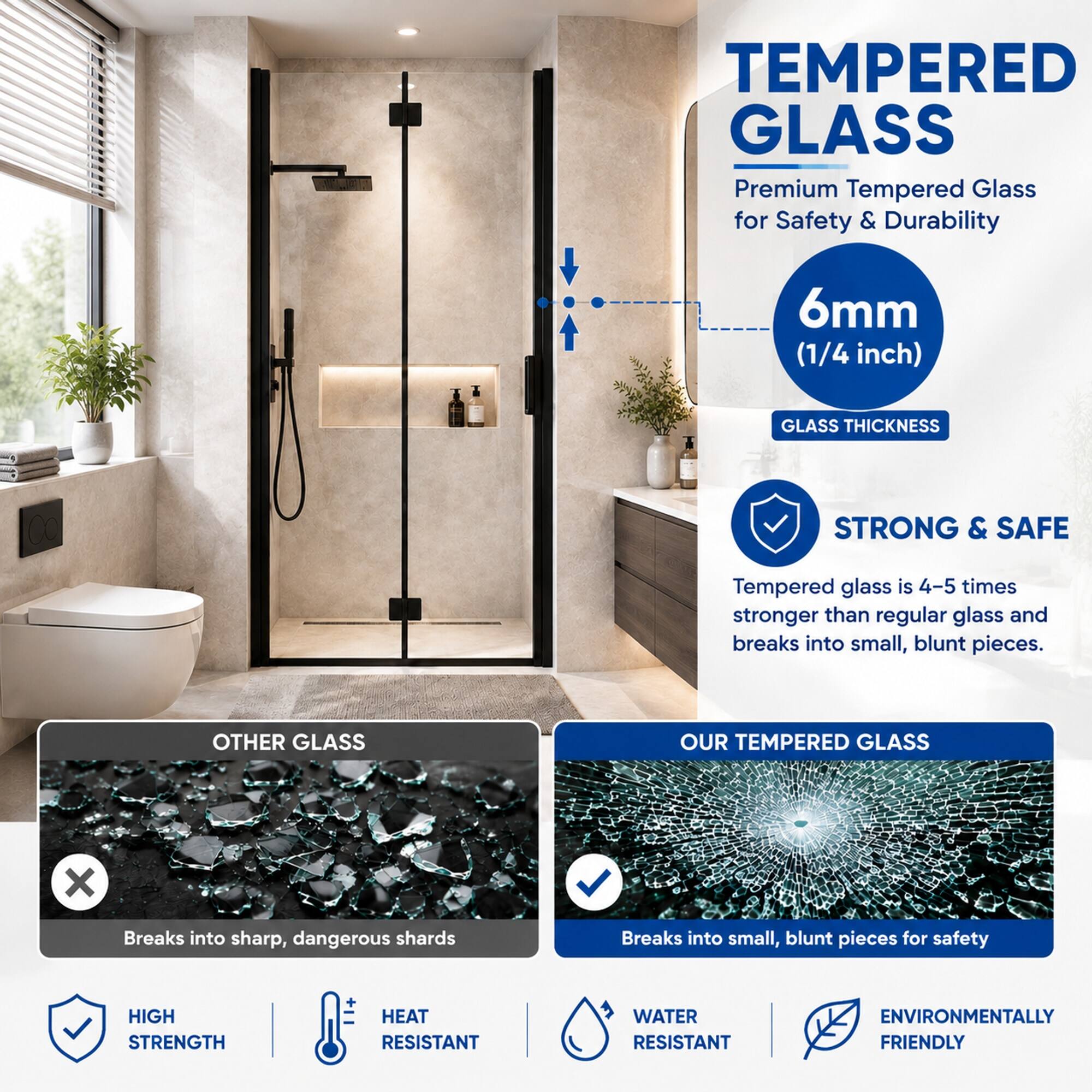 TEMPERED GLASS  
Premium Tempered Glass for Safety & Durability

6mm (1/4 inch)  
GLASS THICKNESS

STRONG & SAFE  
Tempered glass is 4-5 times stronger than regular glass and breaks into small, blunt pieces.

OTHER GLASS  
Breaks into sharp, dangerous shards

OUR TEMPERED GLASS  
Breaks into small, blunt pieces for safety

HIGH STRENGTH  
HEAT RESISTANT  
WATER RESISTANT  
ENVIRONMENTALLY FRIENDLY
