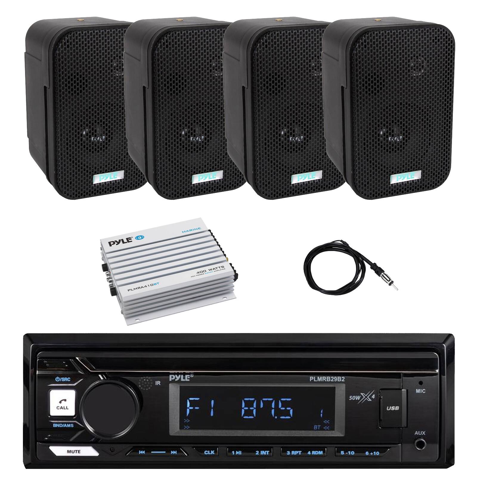 PYLE PYLE PYLE PYLE D PYLE MARINE I PLUNALTES EAT wATYS aIrs C/SAC CALL BNDAMS IR PYLE FI I > PLMRB29B2 sOw 875 :  B C 4 USB MIC AUX MUTE H - CLK 1 HI 2 INT 3 RPT 4 SDM . -10 .10